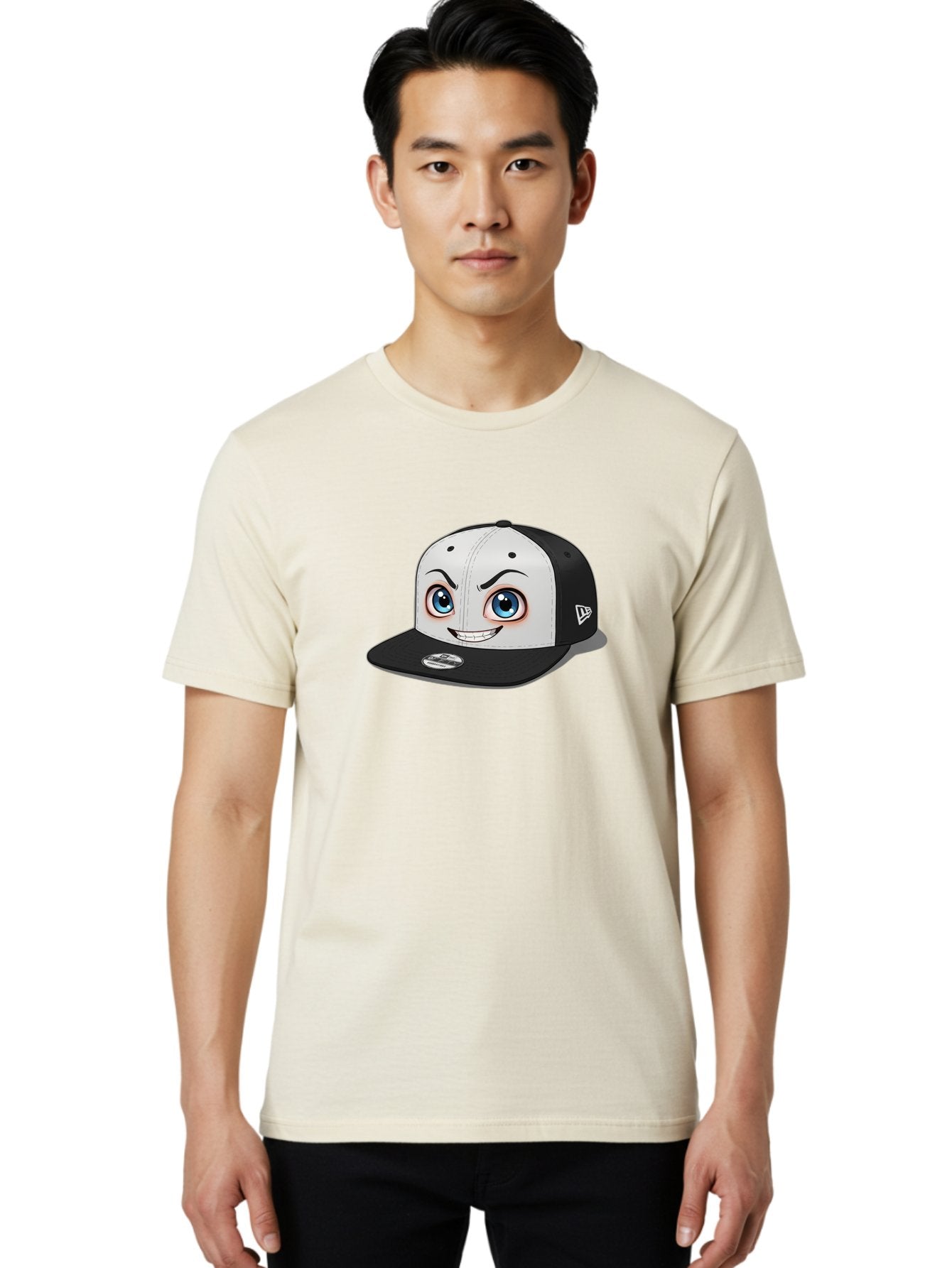 New-Era-Cap-2 Men'S Graphic Tee, 100% Cotton, Comfortable Casual Summer Wear, Machine Washable, Black And White Baseball Cap, Cartoon-Style Face On Front, Blue Eyes, Eyebrows, Smile, New Era Logo On Side, Trendy Accessories, Bad367 23