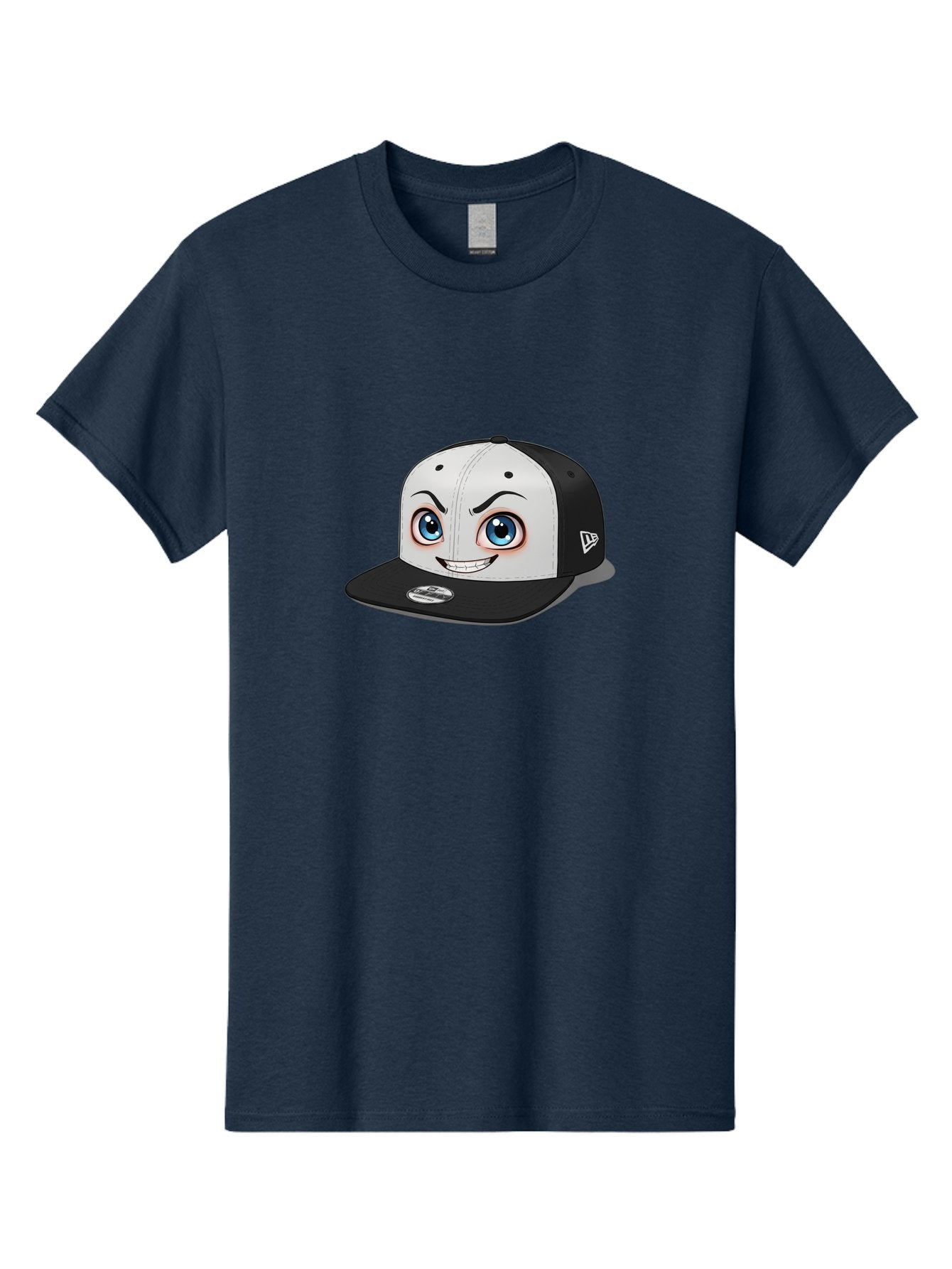 New-Era-Cap-2 Men'S Graphic Tee, 100% Cotton, Comfortable Casual Summer Wear, Machine Washable, Black And White Baseball Cap, Cartoon-Style Face On Front, Blue Eyes, Eyebrows, Smile, New Era Logo On Side, Trendy Accessories, Bad367