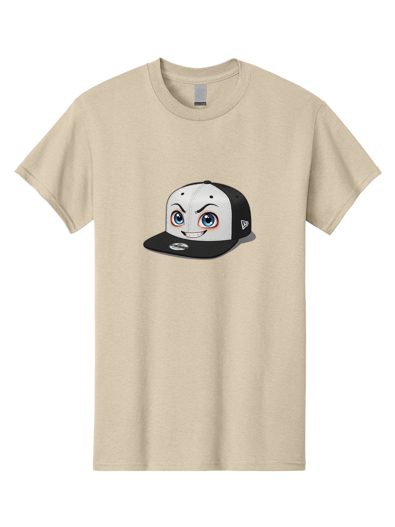 New-Era-Cap-2 Men'S Graphic Tee, 100% Cotton, Comfortable Casual Summer Wear, Machine Washable, Black And White Baseball Cap, Cartoon-Style Face On Front, Blue Eyes, Eyebrows, Smile, New Era Logo On Side, Trendy Accessories, Bad367 3