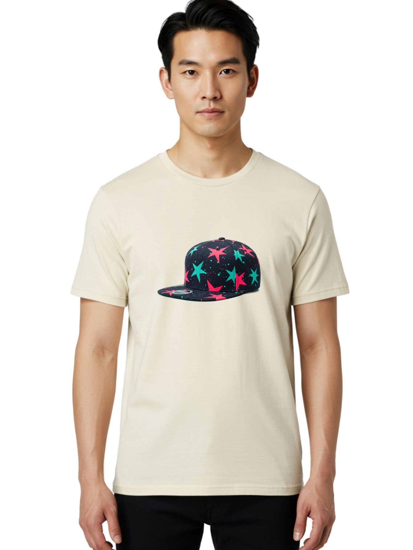 New-Era-Star-Snapback Men'S Graphic Tee, 100% Cotton, Comfortable Casual Summer Wear, Machine Washable, Baseball Cap, Snapback Hat, Star Pattern, Neon Colors, Pink Stars, Blue Stars, New Era Logo, Streetwear Fashion, Trendy Accessories, Bad371 24