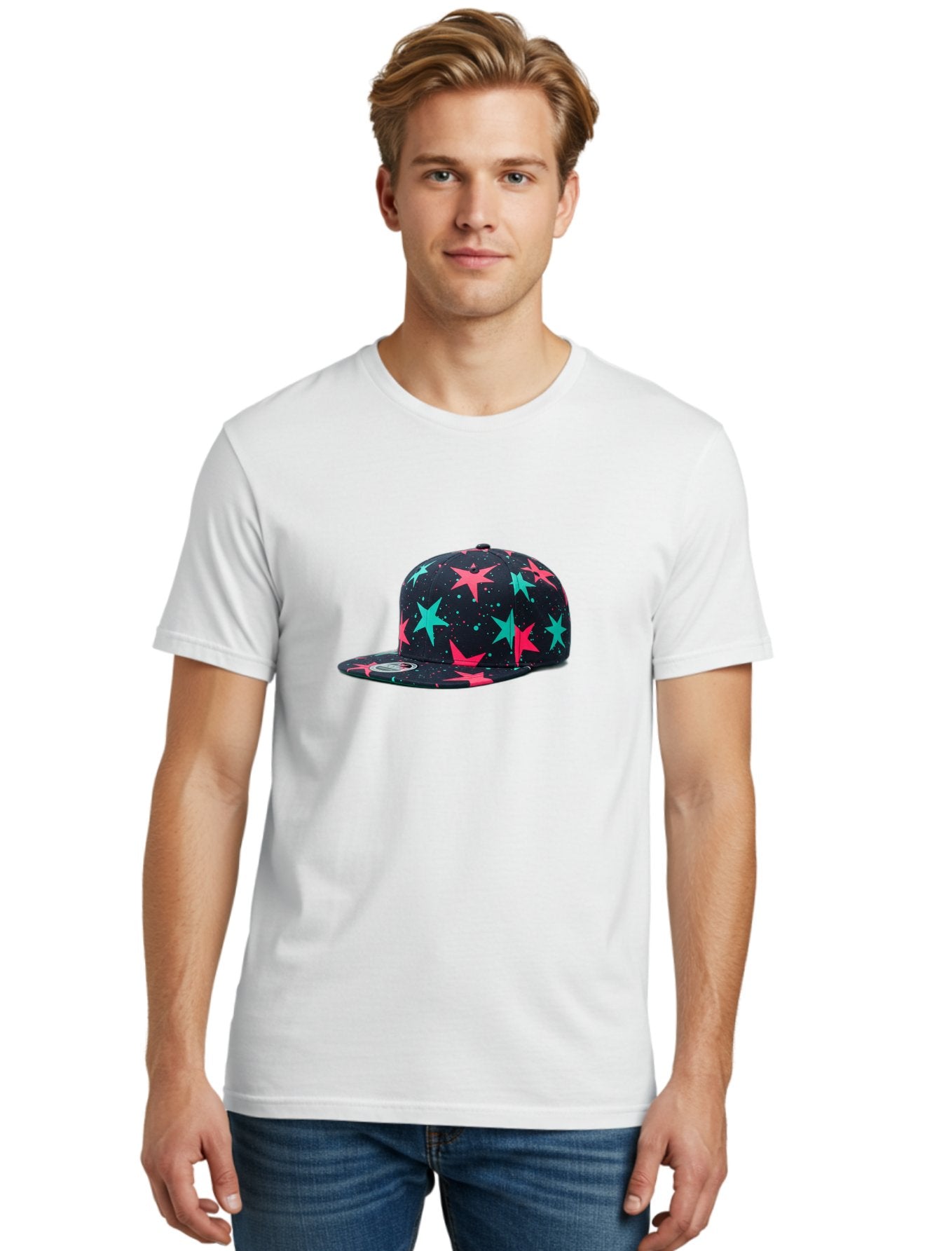 New-Era-Star-Snapback Men'S Graphic Tee, 100% Cotton, Comfortable Casual Summer Wear, Machine Washable, Baseball Cap, Snapback Hat, Star Pattern, Neon Colors, Pink Stars, Blue Stars, New Era Logo, Streetwear Fashion, Trendy Accessories, Bad371 28