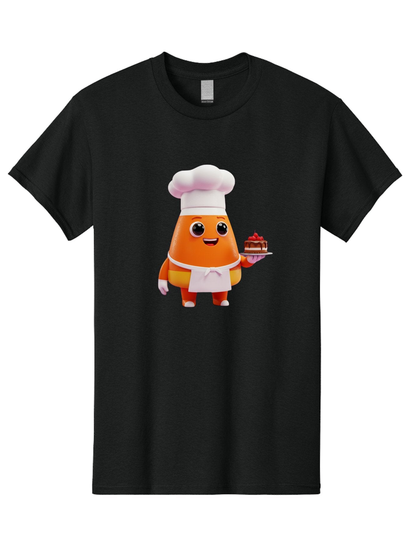 Orange-Character-With-Cake Men'S Graphic Tee, 100% Cotton, Comfortable Casual Summer Wear, Machine Washable, Cartoon Egg Yolk Chef, Chef Hat, Apron, Chocolate Cake, Red Cherries, Culinary Delight, Baking, Sweet Treats, Dessert, Bad384