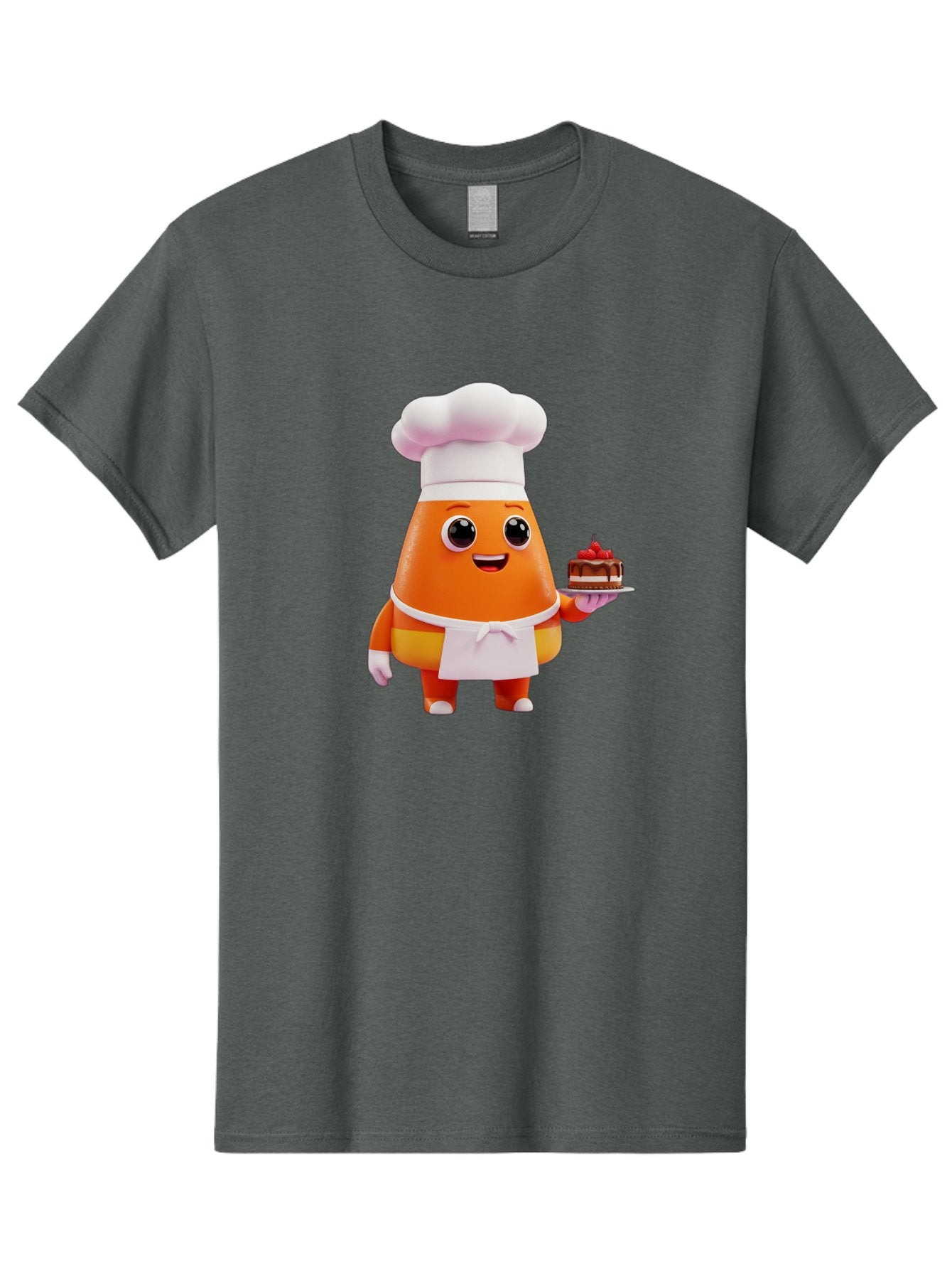 Orange-Character-With-Cake Men'S Graphic Tee, 100% Cotton, Comfortable Casual Summer Wear, Machine Washable, Cartoon Egg Yolk Chef, Chef Hat, Apron, Chocolate Cake, Red Cherries, Culinary Delight, Baking, Sweet Treats, Dessert, Bad384 6