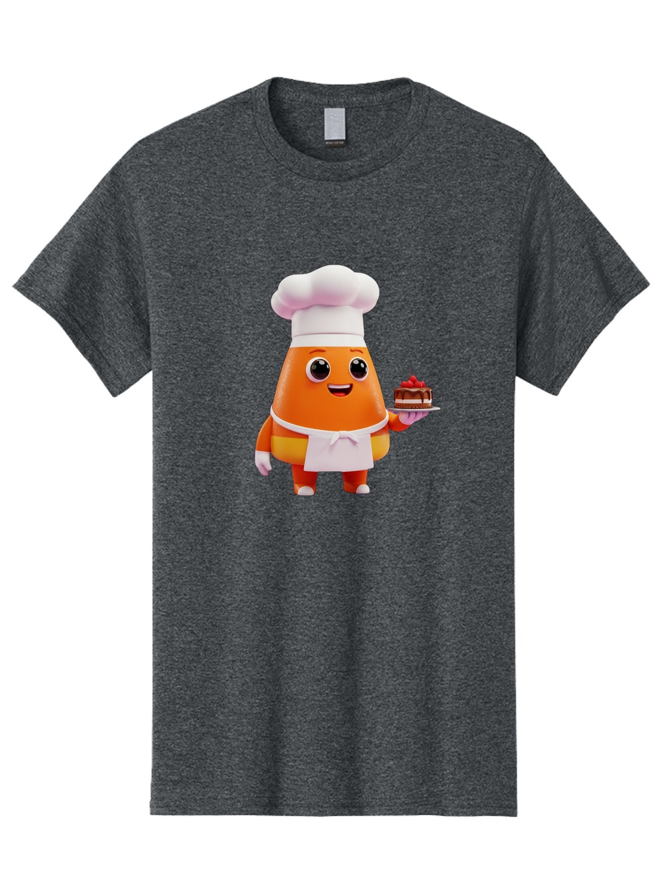 Orange-Character-With-Cake Men'S Graphic Tee, 100% Cotton, Comfortable Casual Summer Wear, Machine Washable, Cartoon Egg Yolk Chef, Chef Hat, Apron, Chocolate Cake, Red Cherries, Culinary Delight, Baking, Sweet Treats, Dessert, Bad384 15