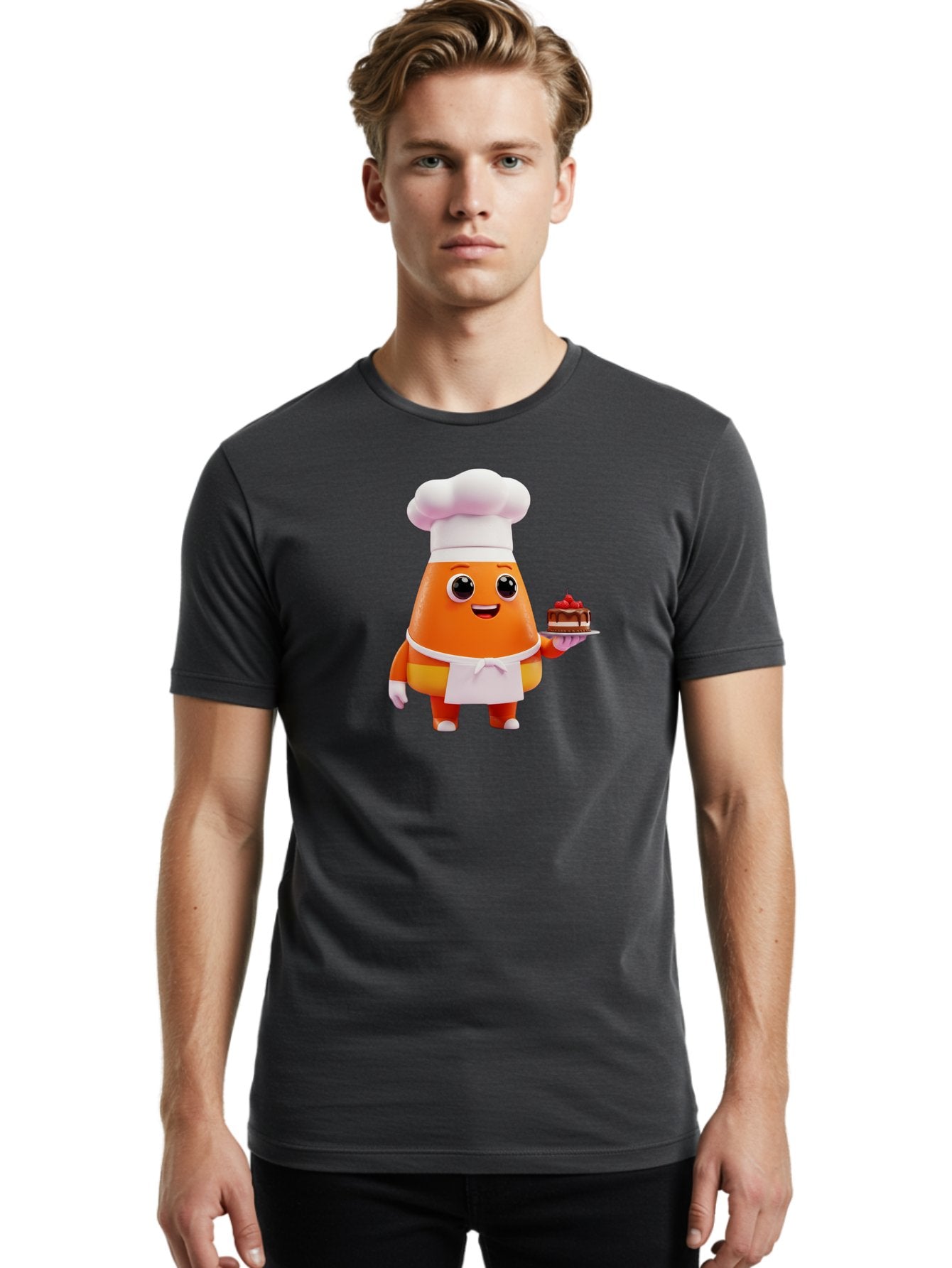 Orange-Character-With-Cake Men'S Graphic Tee, 100% Cotton, Comfortable Casual Summer Wear, Machine Washable, Cartoon Egg Yolk Chef, Chef Hat, Apron, Chocolate Cake, Red Cherries, Culinary Delight, Baking, Sweet Treats, Dessert, Bad384 30