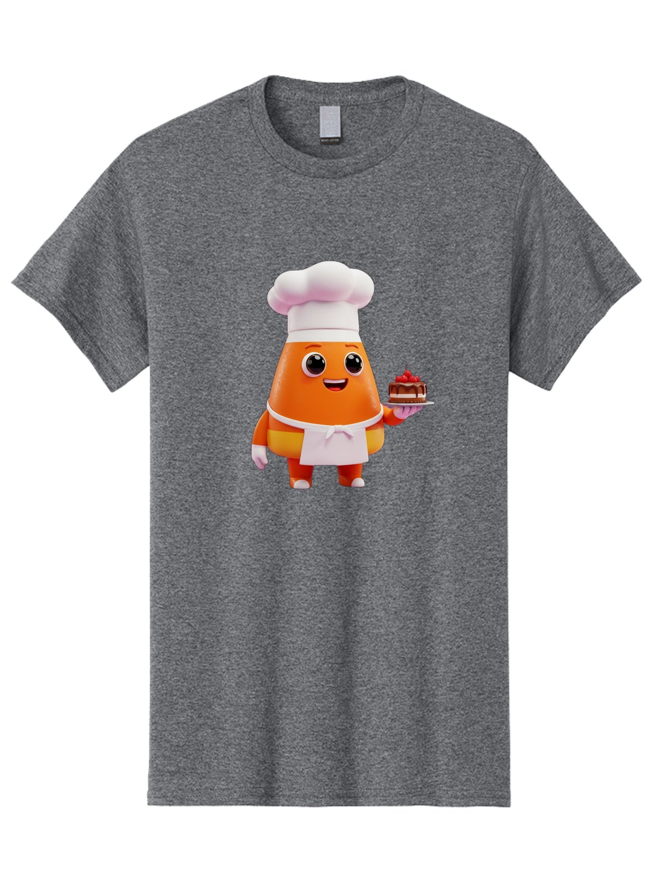 Orange-Character-With-Cake Men'S Graphic Tee, 100% Cotton, Comfortable Casual Summer Wear, Machine Washable, Cartoon Egg Yolk Chef, Chef Hat, Apron, Chocolate Cake, Red Cherries, Culinary Delight, Baking, Sweet Treats, Dessert, Bad384 7