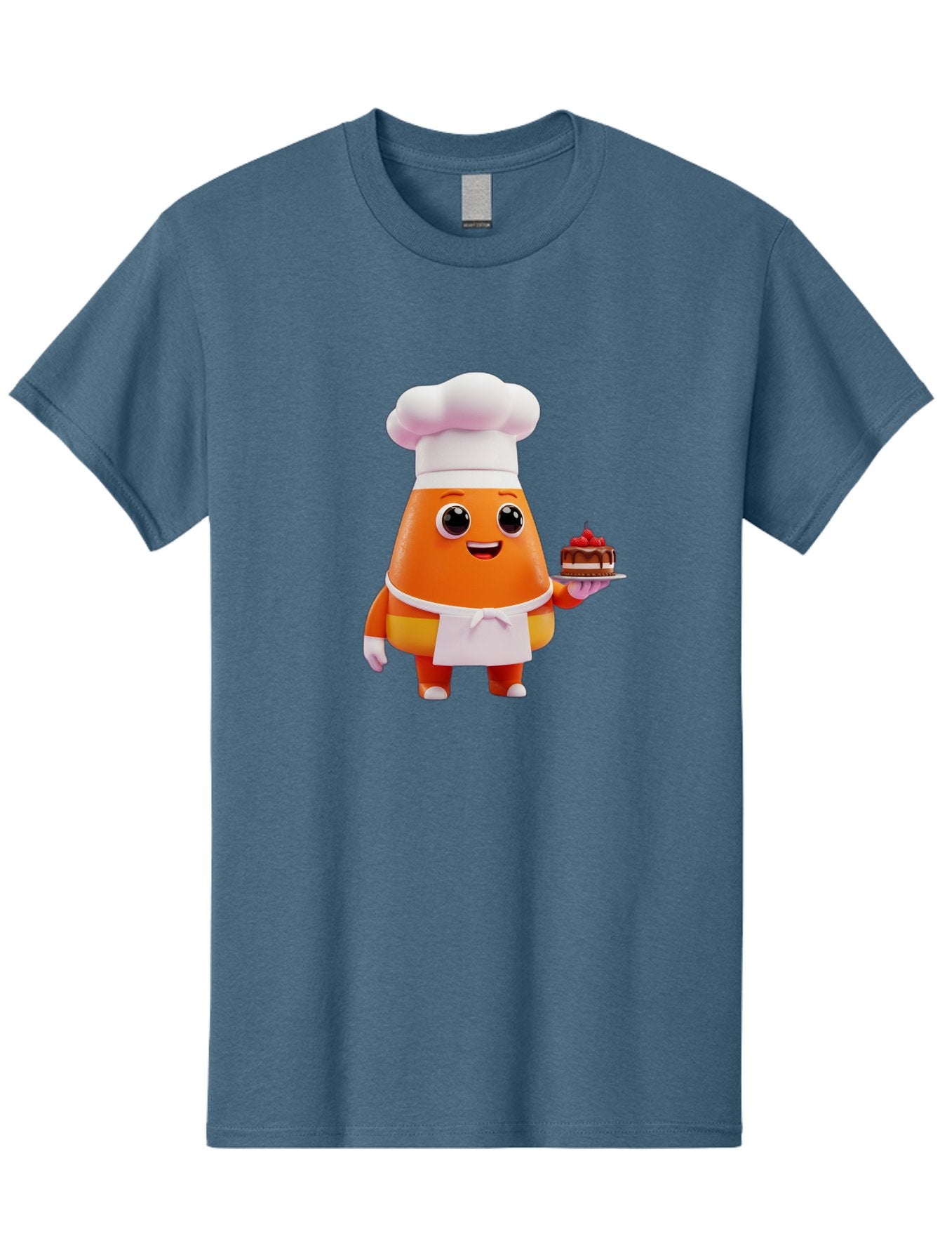 Orange-Character-With-Cake Men'S Graphic Tee, 100% Cotton, Comfortable Casual Summer Wear, Machine Washable, Cartoon Egg Yolk Chef, Chef Hat, Apron, Chocolate Cake, Red Cherries, Culinary Delight, Baking, Sweet Treats, Dessert, Bad384 8