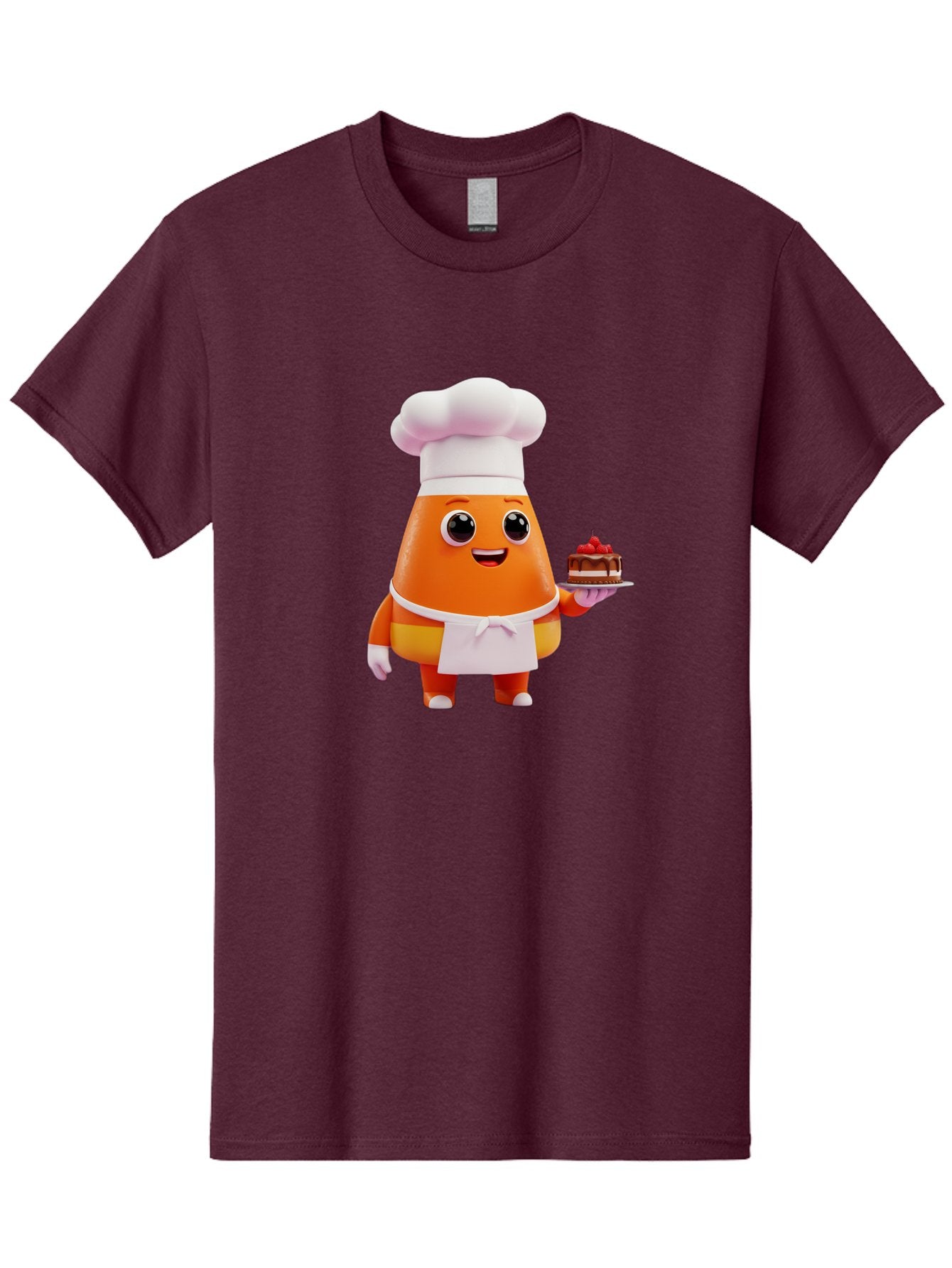 Orange-Character-With-Cake Men'S Graphic Tee, 100% Cotton, Comfortable Casual Summer Wear, Machine Washable, Cartoon Egg Yolk Chef, Chef Hat, Apron, Chocolate Cake, Red Cherries, Culinary Delight, Baking, Sweet Treats, Dessert, Bad384