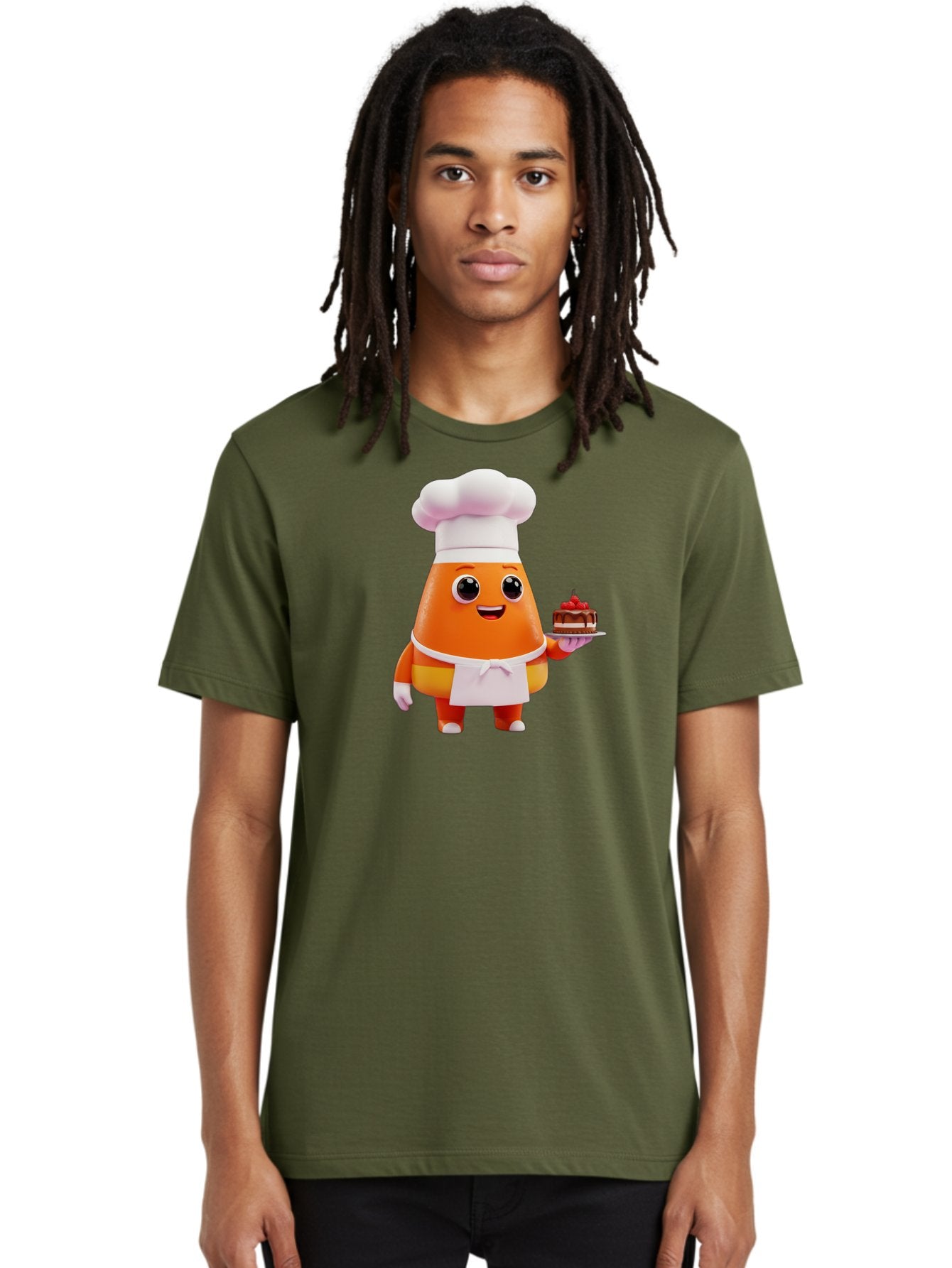 Orange-Character-With-Cake Men'S Graphic Tee, 100% Cotton, Comfortable Casual Summer Wear, Machine Washable, Cartoon Egg Yolk Chef, Chef Hat, Apron, Chocolate Cake, Red Cherries, Culinary Delight, Baking, Sweet Treats, Dessert, Bad384 17