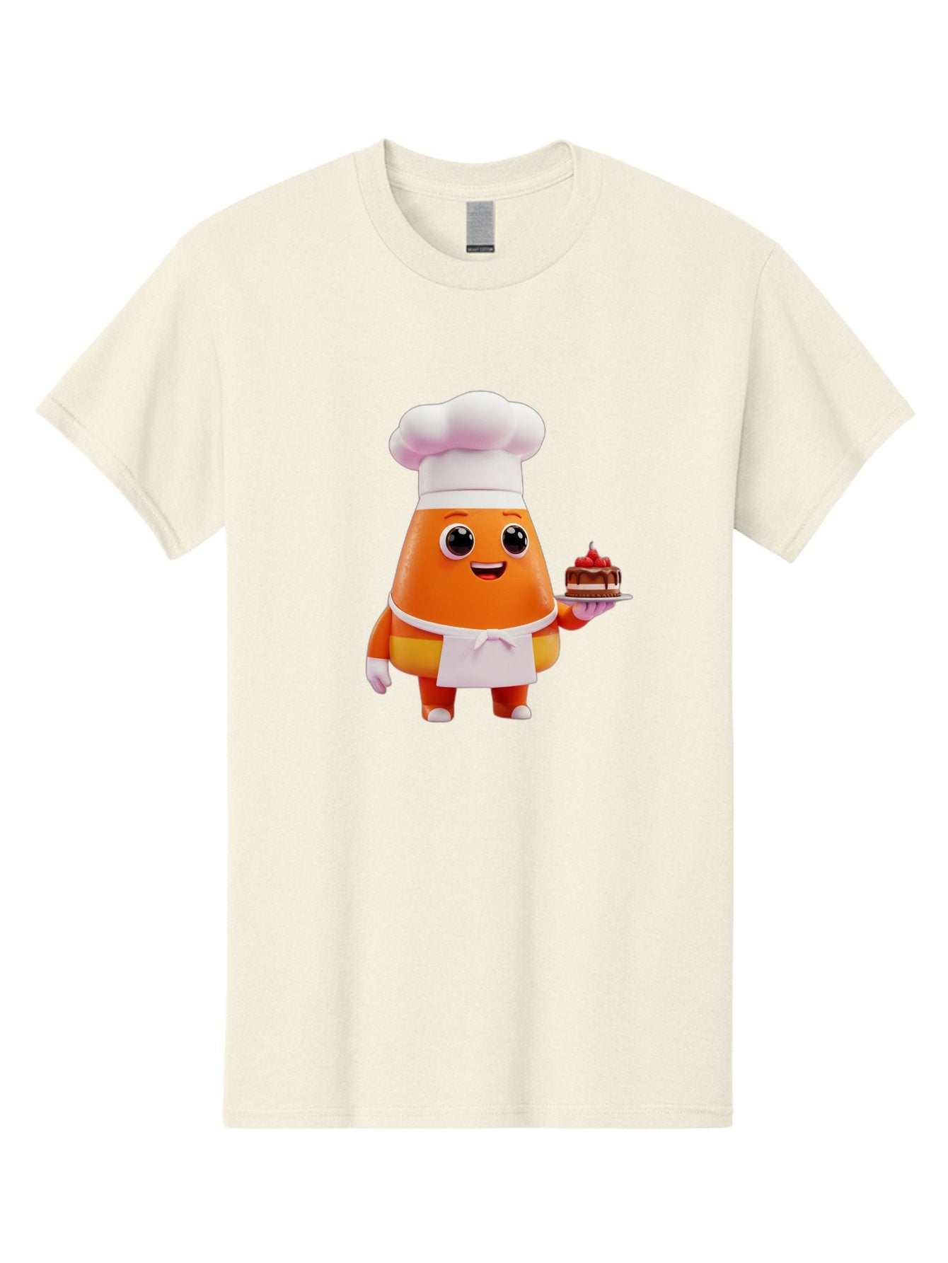 Orange-Character-With-Cake Men'S Graphic Tee, 100% Cotton, Comfortable Casual Summer Wear, Machine Washable, Cartoon Egg Yolk Chef, Chef Hat, Apron, Chocolate Cake, Red Cherries, Culinary Delight, Baking, Sweet Treats, Dessert, Bad384 3
