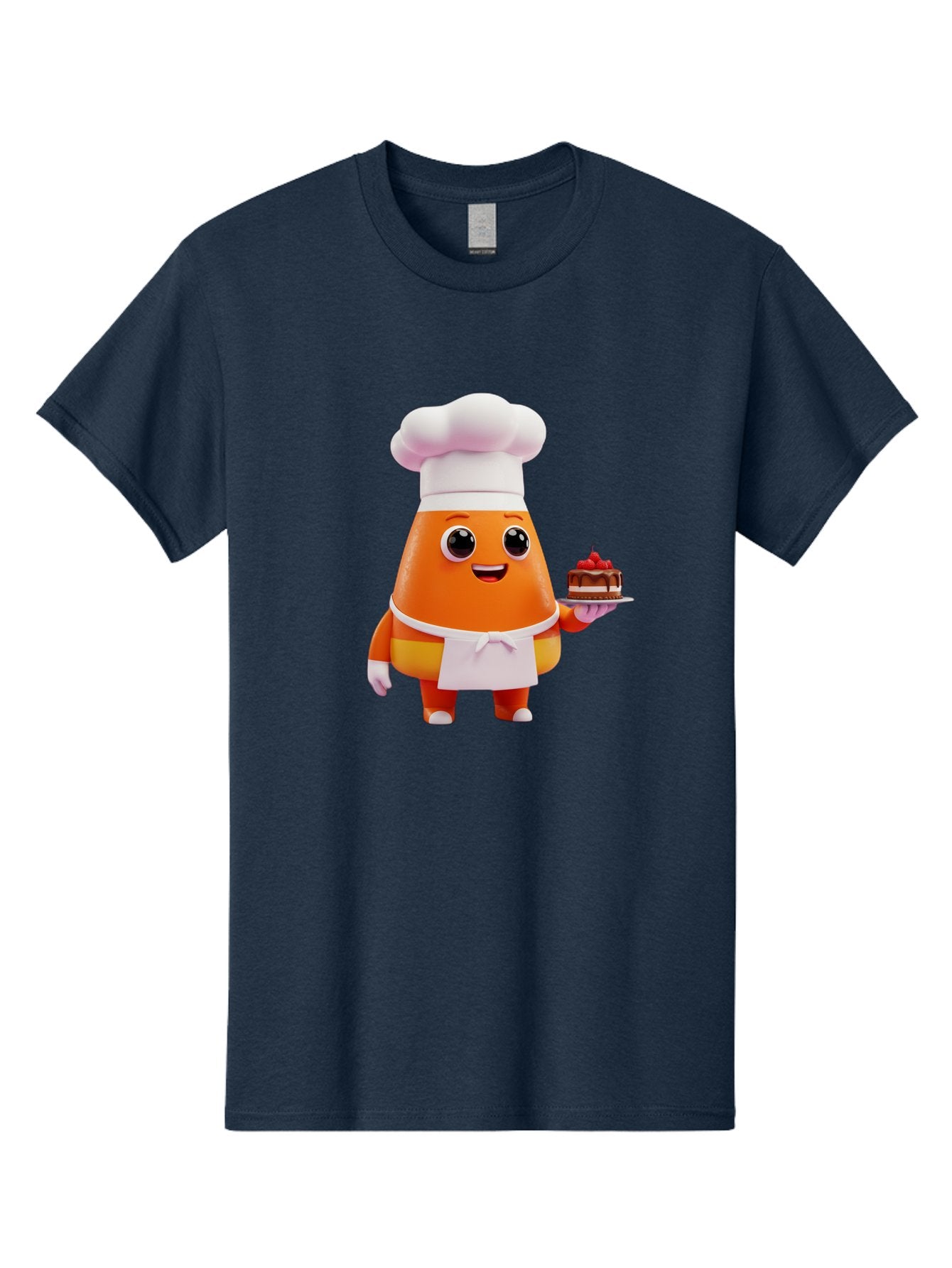 Orange-Character-With-Cake Men'S Graphic Tee, 100% Cotton, Comfortable Casual Summer Wear, Machine Washable, Cartoon Egg Yolk Chef, Chef Hat, Apron, Chocolate Cake, Red Cherries, Culinary Delight, Baking, Sweet Treats, Dessert, Bad384 5