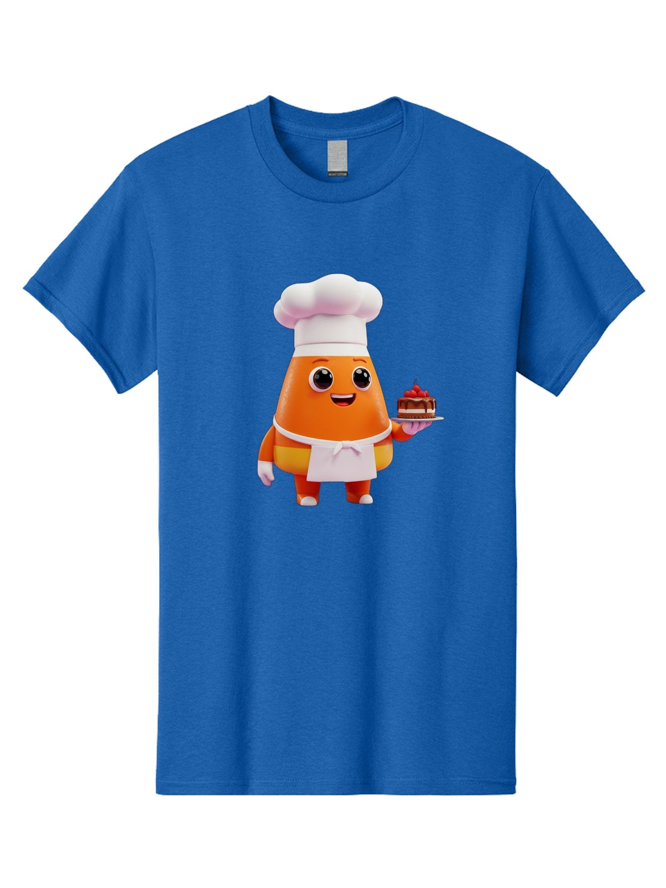 Orange-Character-With-Cake Men'S Graphic Tee, 100% Cotton, Comfortable Casual Summer Wear, Machine Washable, Cartoon Egg Yolk Chef, Chef Hat, Apron, Chocolate Cake, Red Cherries, Culinary Delight, Baking, Sweet Treats, Dessert, Bad384 9