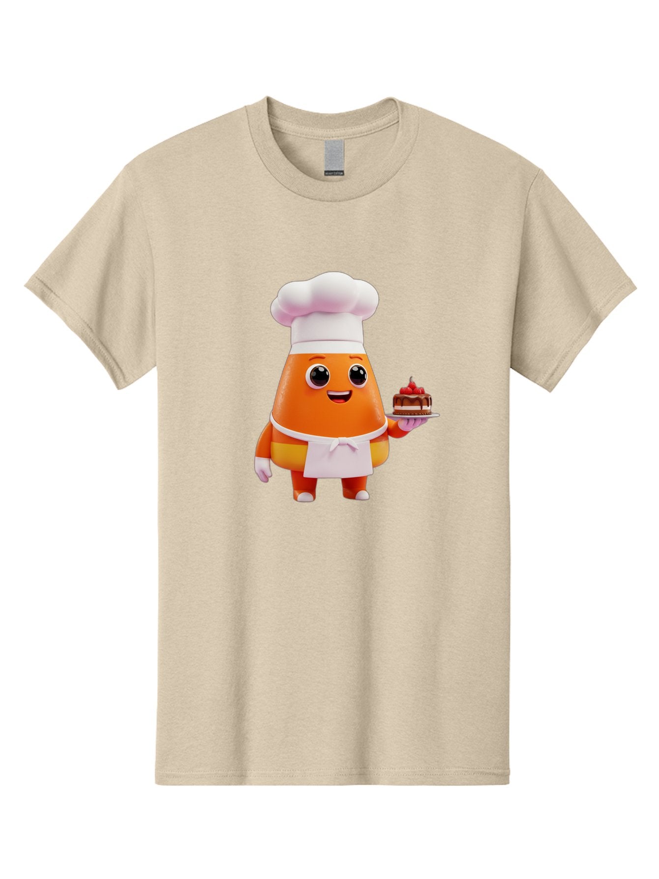 Orange-Character-With-Cake Men'S Graphic Tee, 100% Cotton, Comfortable Casual Summer Wear, Machine Washable, Cartoon Egg Yolk Chef, Chef Hat, Apron, Chocolate Cake, Red Cherries, Culinary Delight, Baking, Sweet Treats, Dessert, Bad384 12