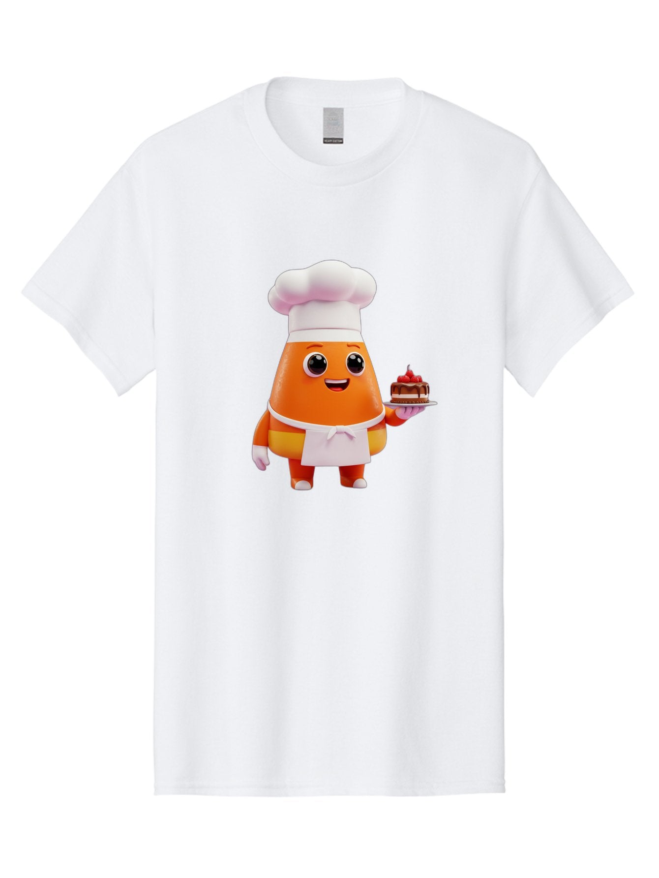 Orange-Character-With-Cake Men'S Graphic Tee, 100% Cotton, Comfortable Casual Summer Wear, Machine Washable, Cartoon Egg Yolk Chef, Chef Hat, Apron, Chocolate Cake, Red Cherries, Culinary Delight, Baking, Sweet Treats, Dessert, Bad384 4