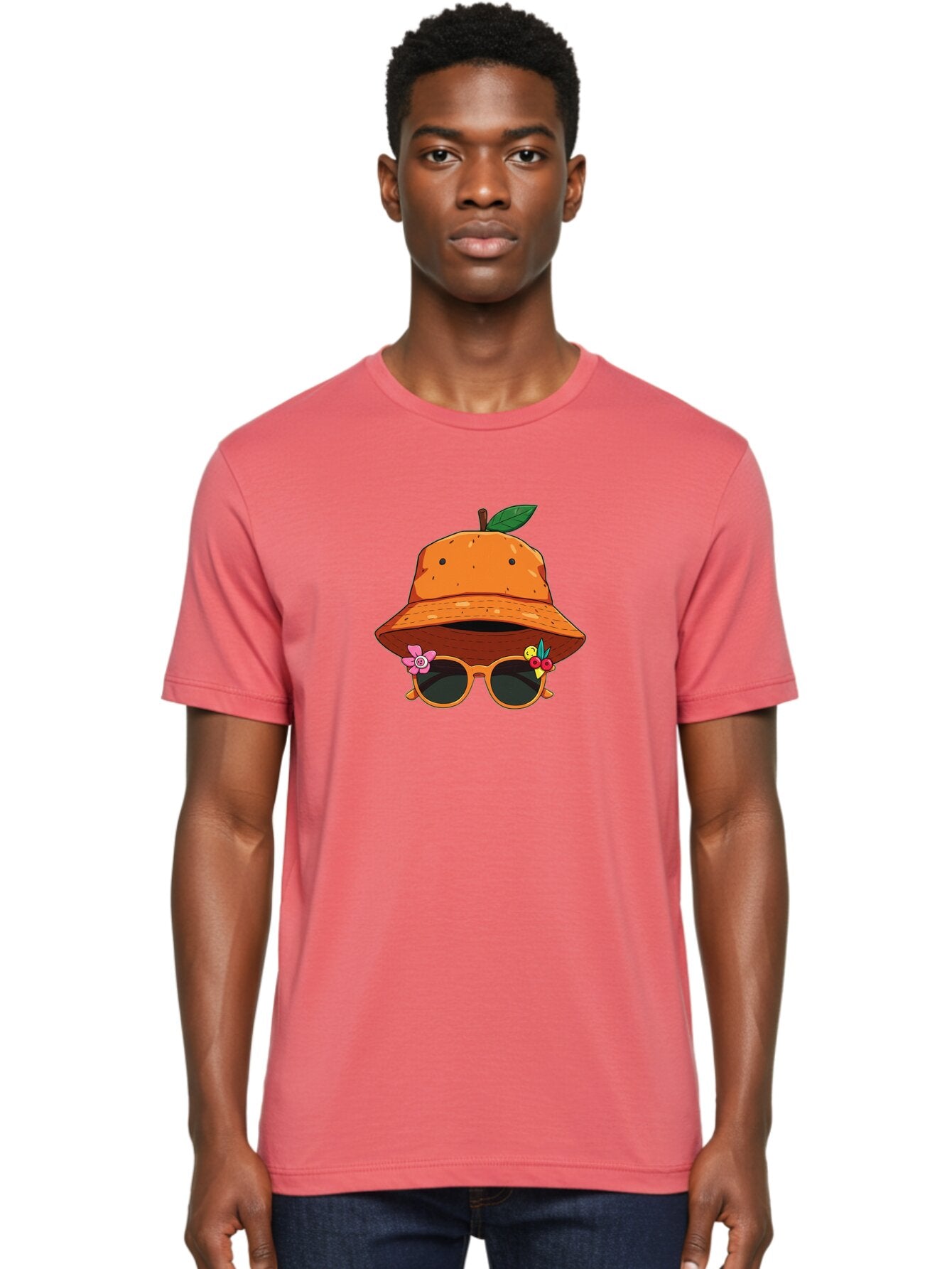 Orange-Hat-Sunglasses Men'S Graphic Tee, 100% Cotton, Comfortable Casual Summer Wear, Machine Washable, Cartoon Orange Character, Orange Bucket Hat, Trendy Sunglasses, Floral Decorations, Playful Vibe, Summer Fashion, Quirky Accessories, Bad387 16