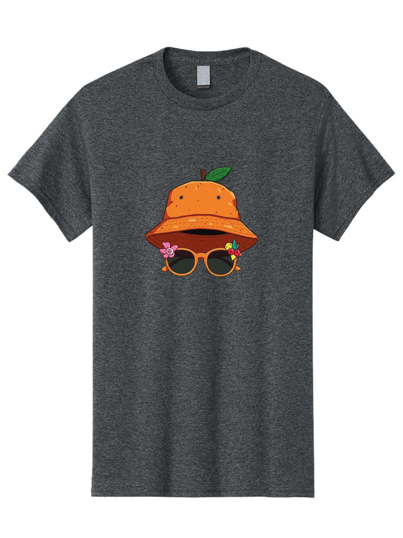 Orange-Hat-Sunglasses Men'S Graphic Tee, 100% Cotton, Comfortable Casual Summer Wear, Machine Washable, Cartoon Orange Character, Orange Bucket Hat, Trendy Sunglasses, Floral Decorations, Playful Vibe, Summer Fashion, Quirky Accessories, Bad387