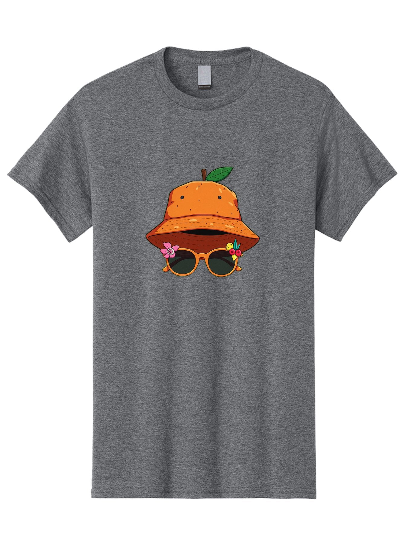 Orange-Hat-Sunglasses Men'S Graphic Tee, 100% Cotton, Comfortable Casual Summer Wear, Machine Washable, Cartoon Orange Character, Orange Bucket Hat, Trendy Sunglasses, Floral Decorations, Playful Vibe, Summer Fashion, Quirky Accessories, Bad387 13