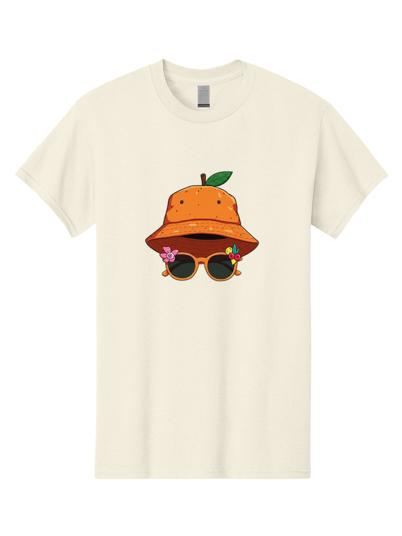 Orange-Hat-Sunglasses Men'S Graphic Tee, 100% Cotton, Comfortable Casual Summer Wear, Machine Washable, Cartoon Orange Character, Orange Bucket Hat, Trendy Sunglasses, Floral Decorations, Playful Vibe, Summer Fashion, Quirky Accessories, Bad387 8