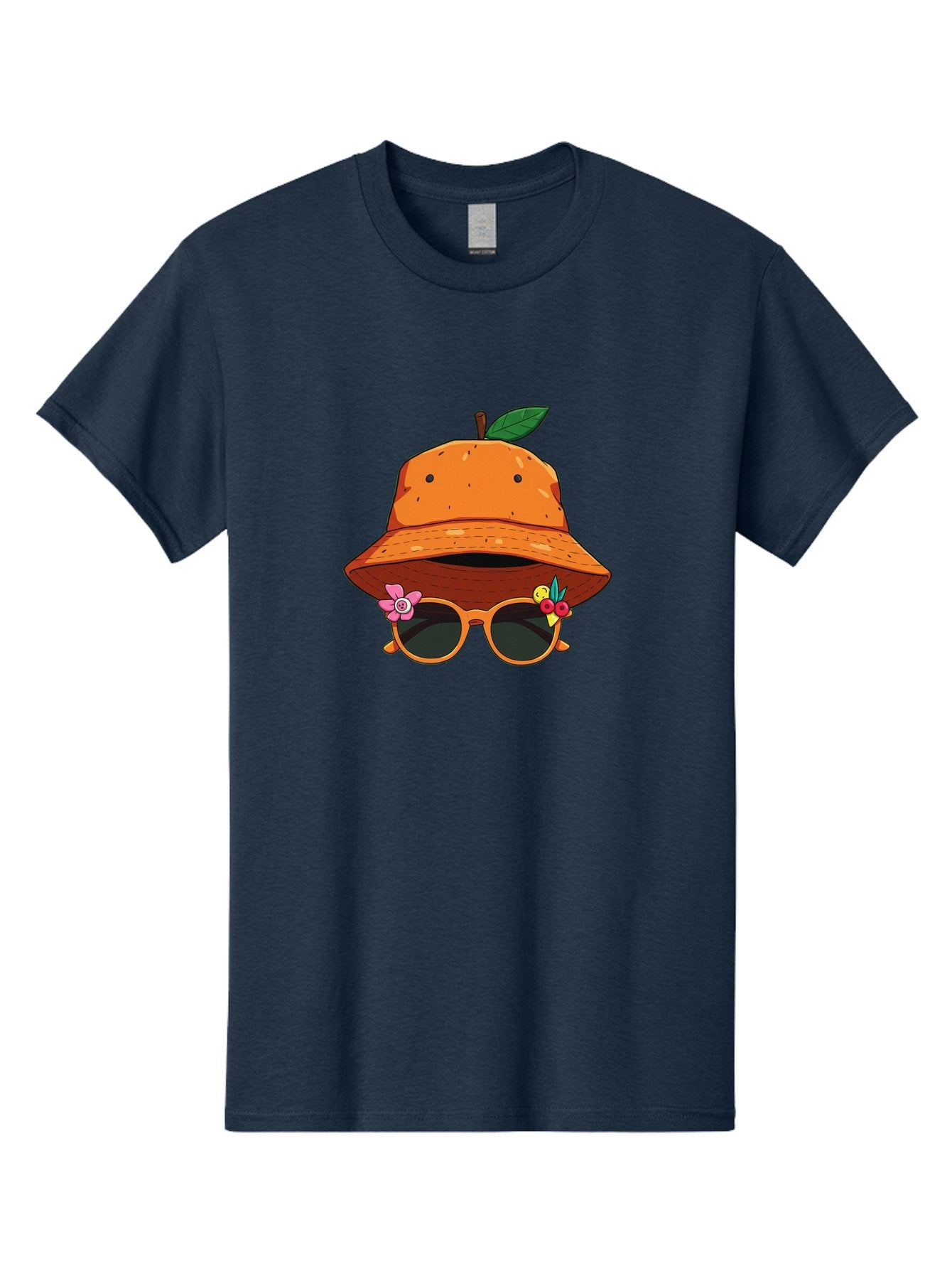 Orange-Hat-Sunglasses Men'S Graphic Tee, 100% Cotton, Comfortable Casual Summer Wear, Machine Washable, Cartoon Orange Character, Orange Bucket Hat, Trendy Sunglasses, Floral Decorations, Playful Vibe, Summer Fashion, Quirky Accessories, Bad387 15