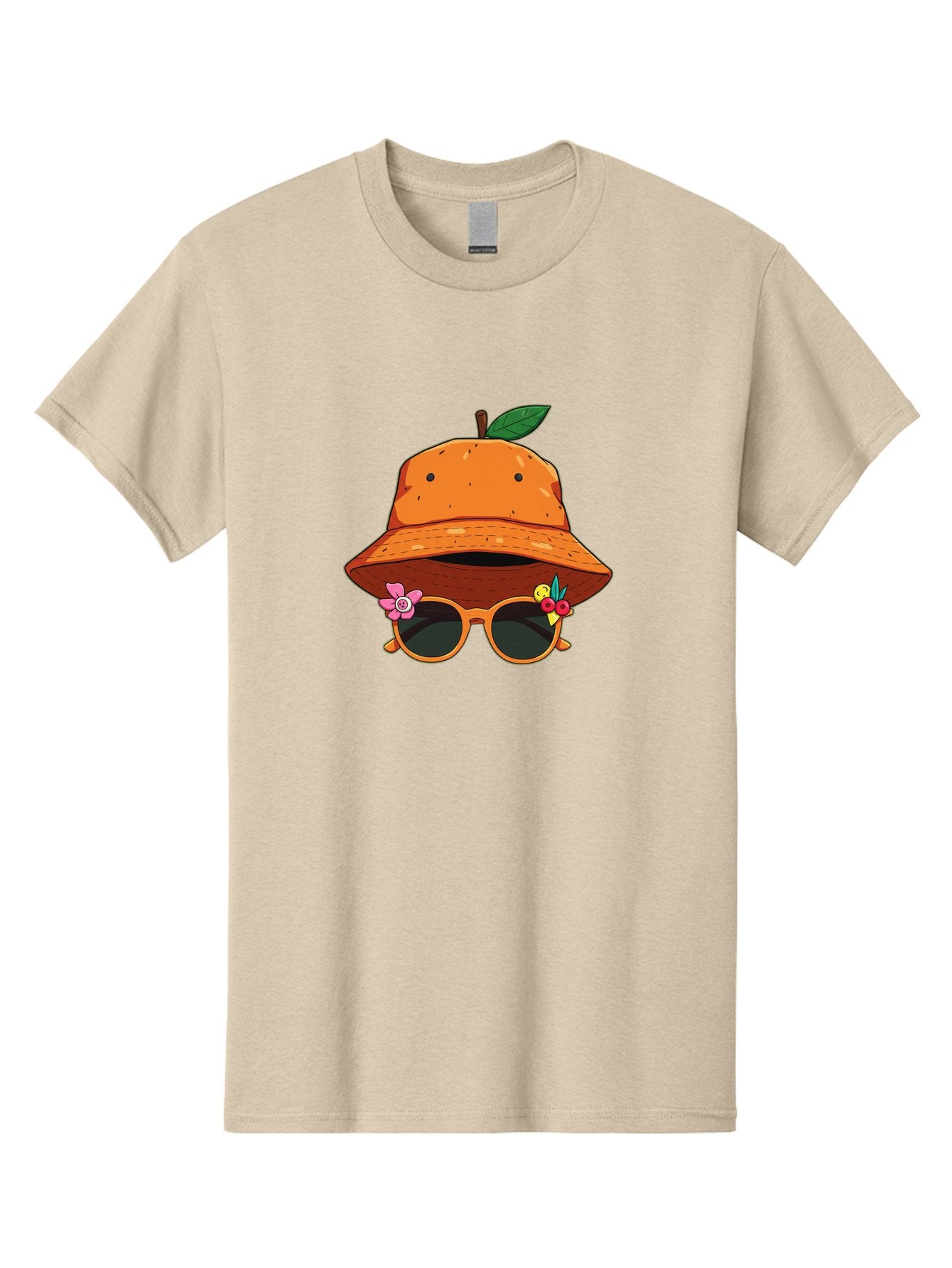 Orange-Hat-Sunglasses Men'S Graphic Tee, 100% Cotton, Comfortable Casual Summer Wear, Machine Washable, Cartoon Orange Character, Orange Bucket Hat, Trendy Sunglasses, Floral Decorations, Playful Vibe, Summer Fashion, Quirky Accessories, Bad387 3