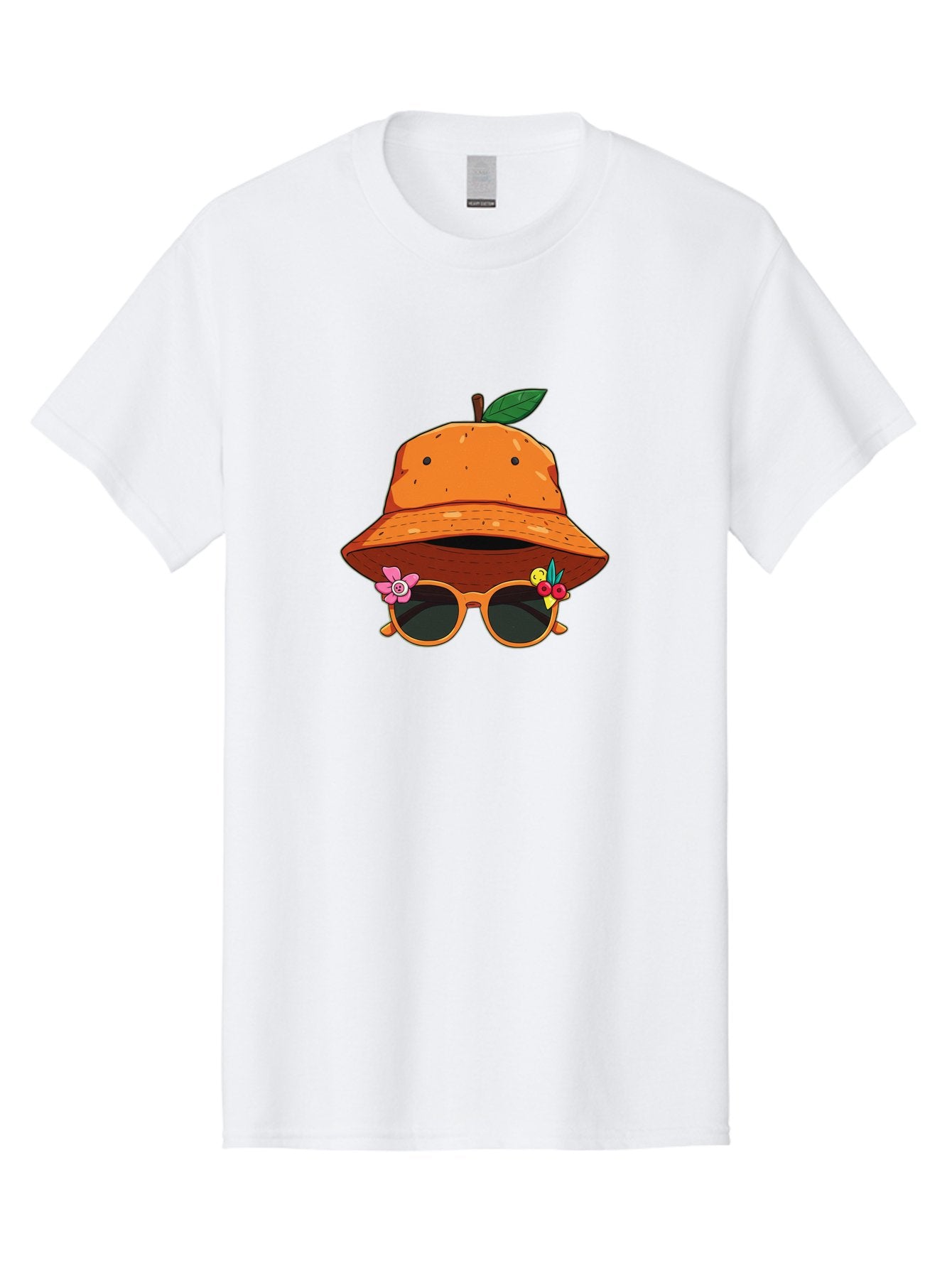 Orange-Hat-Sunglasses Men'S Graphic Tee, 100% Cotton, Comfortable Casual Summer Wear, Machine Washable, Cartoon Orange Character, Orange Bucket Hat, Trendy Sunglasses, Floral Decorations, Playful Vibe, Summer Fashion, Quirky Accessories, Bad387 12