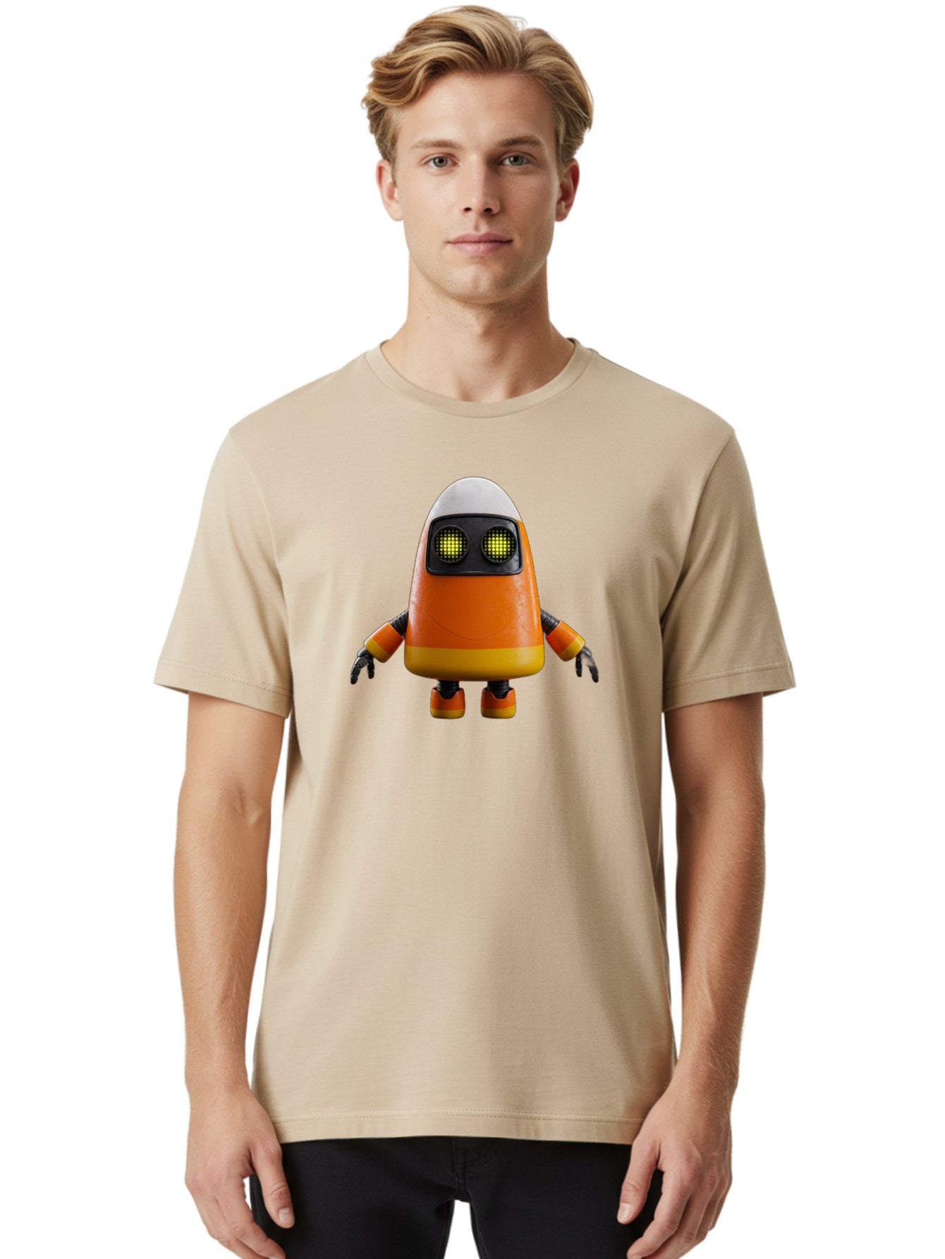 Orange-Robot Men'S Graphic Tee, 100% Cotton, Comfortable Casual Summer Wear, Machine Washable, Orange Robot, Futuristic Design, Robotic Character, Artificial Intelligence, Mechanical Limbs, Glowing Eyes, Digital Artwork, Sci-Fi Theme, Bad388 16