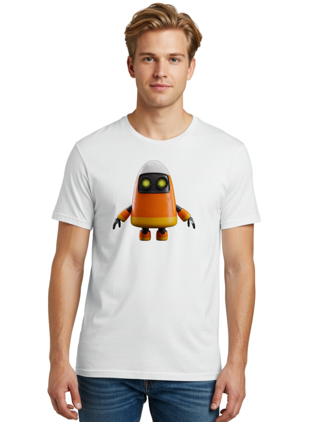 Orange-Robot Men'S Graphic Tee, 100% Cotton, Comfortable Casual Summer Wear, Machine Washable, Orange Robot, Futuristic Design, Robotic Character, Artificial Intelligence, Mechanical Limbs, Glowing Eyes, Digital Artwork, Sci-Fi Theme, Bad388 27