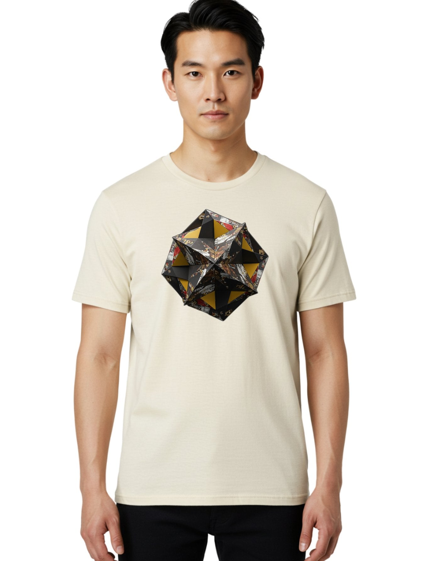 Origami-Star Men'S Graphic Tee, 100% Cotton, Comfortable Casual Summer Wear, Machine Washable, Origami Art, Folded Paper, Geometric Shape, Star Design, Yellow And Black Colors, Intricate Patterns, Creative Decoration, Festive Decor, Bad389 27