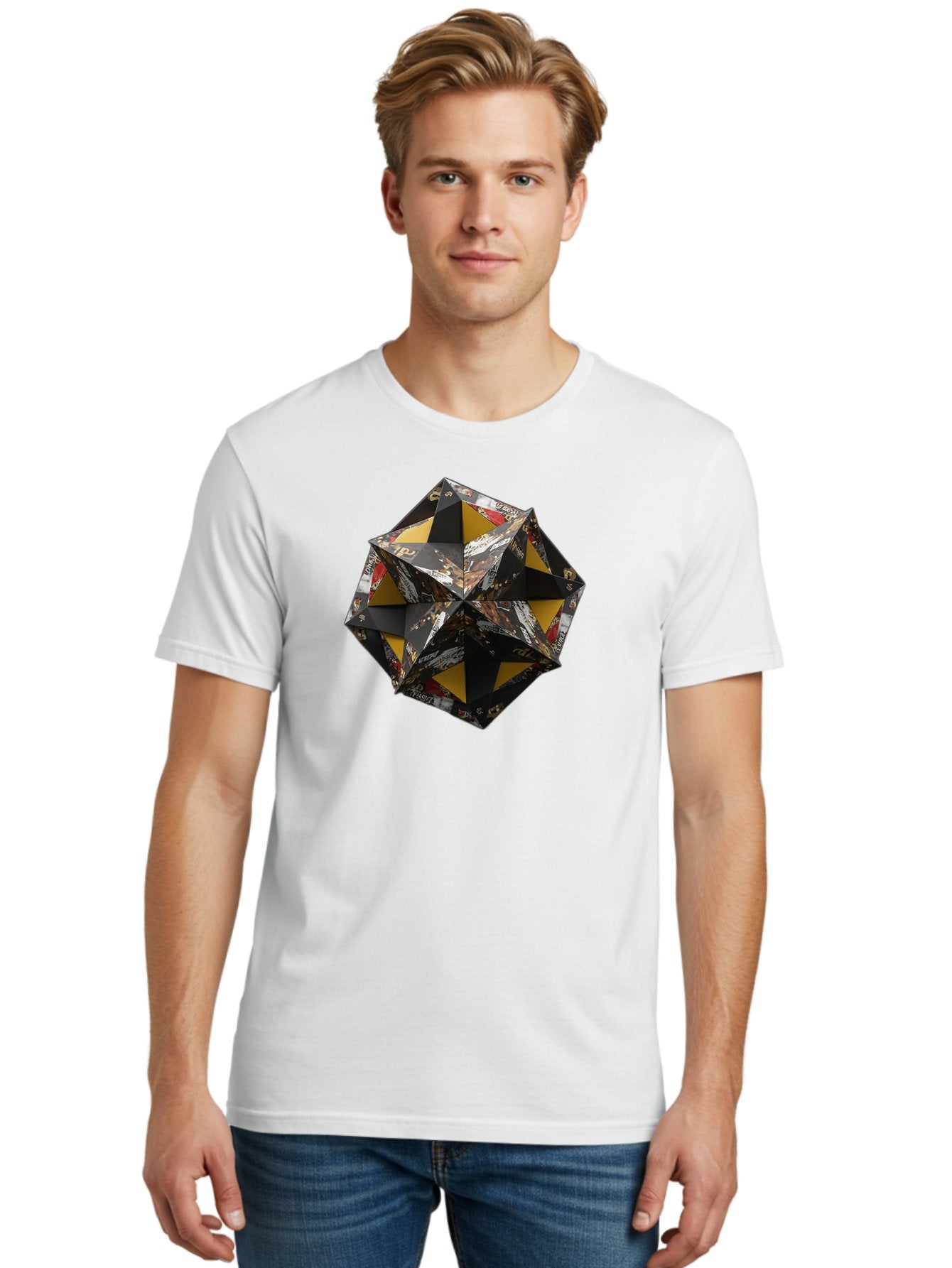 Origami-Star Men'S Graphic Tee, 100% Cotton, Comfortable Casual Summer Wear, Machine Washable, Origami Art, Folded Paper, Geometric Shape, Star Design, Yellow And Black Colors, Intricate Patterns, Creative Decoration, Festive Decor, Bad389 19
