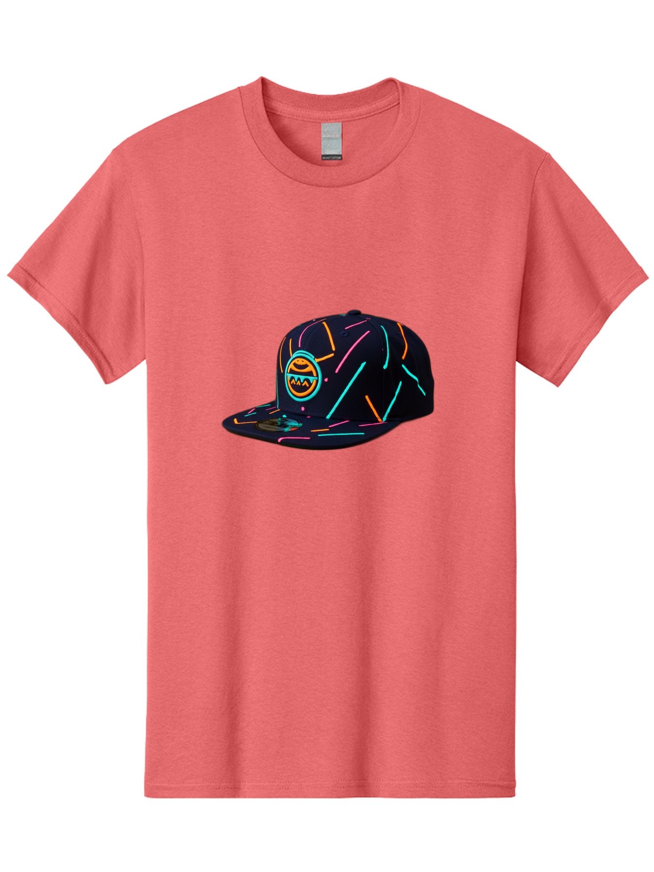 Pacman-Baseball-Cap Men'S Graphic Tee, 100% Cotton, Comfortable Casual Summer Wear, Machine Washable, Black Baseball Cap, Neon Lines, Neon Logo, Streetwear Fashion, Casual Style, Baseball Cap Design, Trendy Accessory, Neon Light, Orange, Blue, Bad390 13