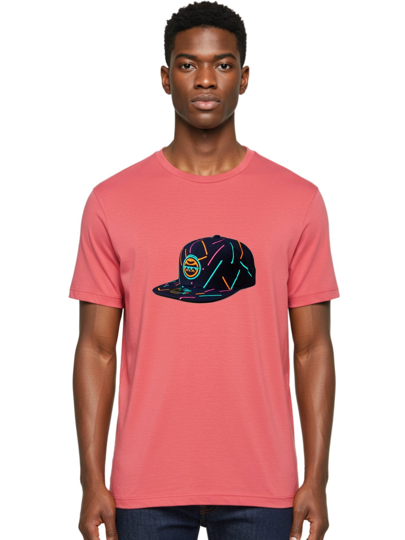 Pacman-Baseball-Cap Men'S Graphic Tee, 100% Cotton, Comfortable Casual Summer Wear, Machine Washable, Black Baseball Cap, Neon Lines, Neon Logo, Streetwear Fashion, Casual Style, Baseball Cap Design, Trendy Accessory, Neon Light, Orange, Blue, Bad390 20