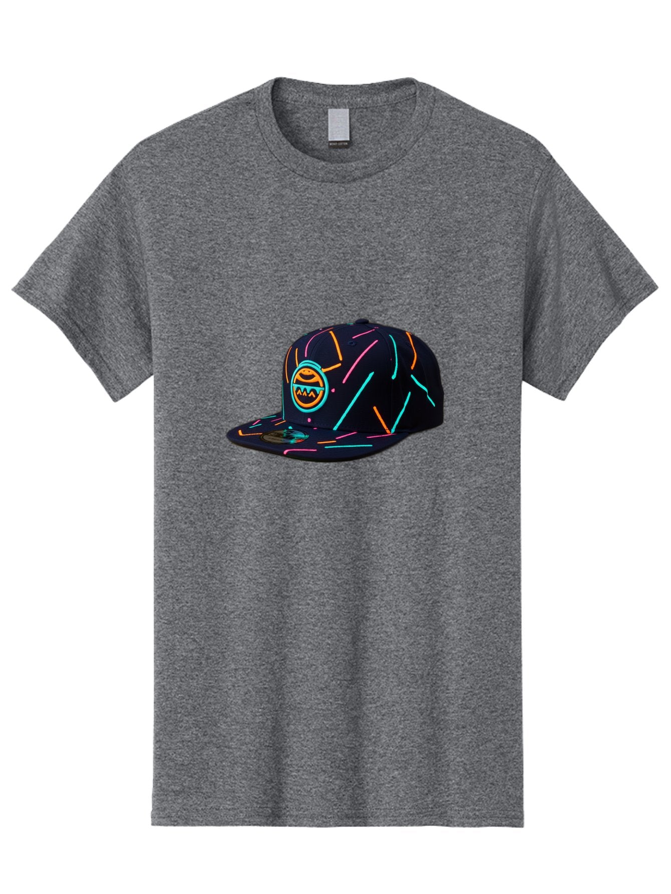 Pacman-Baseball-Cap Men'S Graphic Tee, 100% Cotton, Comfortable Casual Summer Wear, Machine Washable, Black Baseball Cap, Neon Lines, Neon Logo, Streetwear Fashion, Casual Style, Baseball Cap Design, Trendy Accessory, Neon Light, Orange, Blue, Bad390 4
