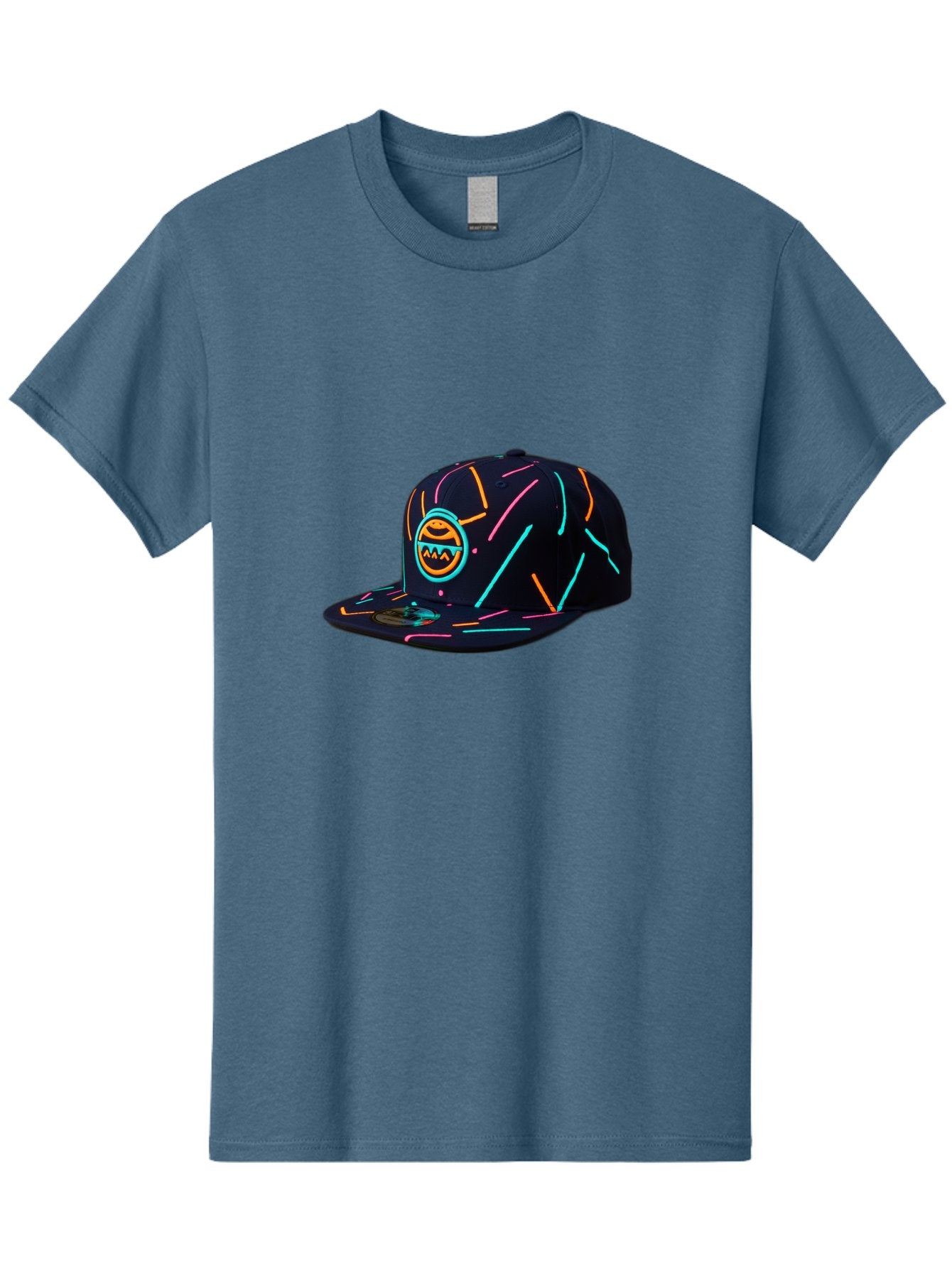Pacman-Baseball-Cap Men'S Graphic Tee, 100% Cotton, Comfortable Casual Summer Wear, Machine Washable, Black Baseball Cap, Neon Lines, Neon Logo, Streetwear Fashion, Casual Style, Baseball Cap Design, Trendy Accessory, Neon Light, Orange, Blue, Bad390