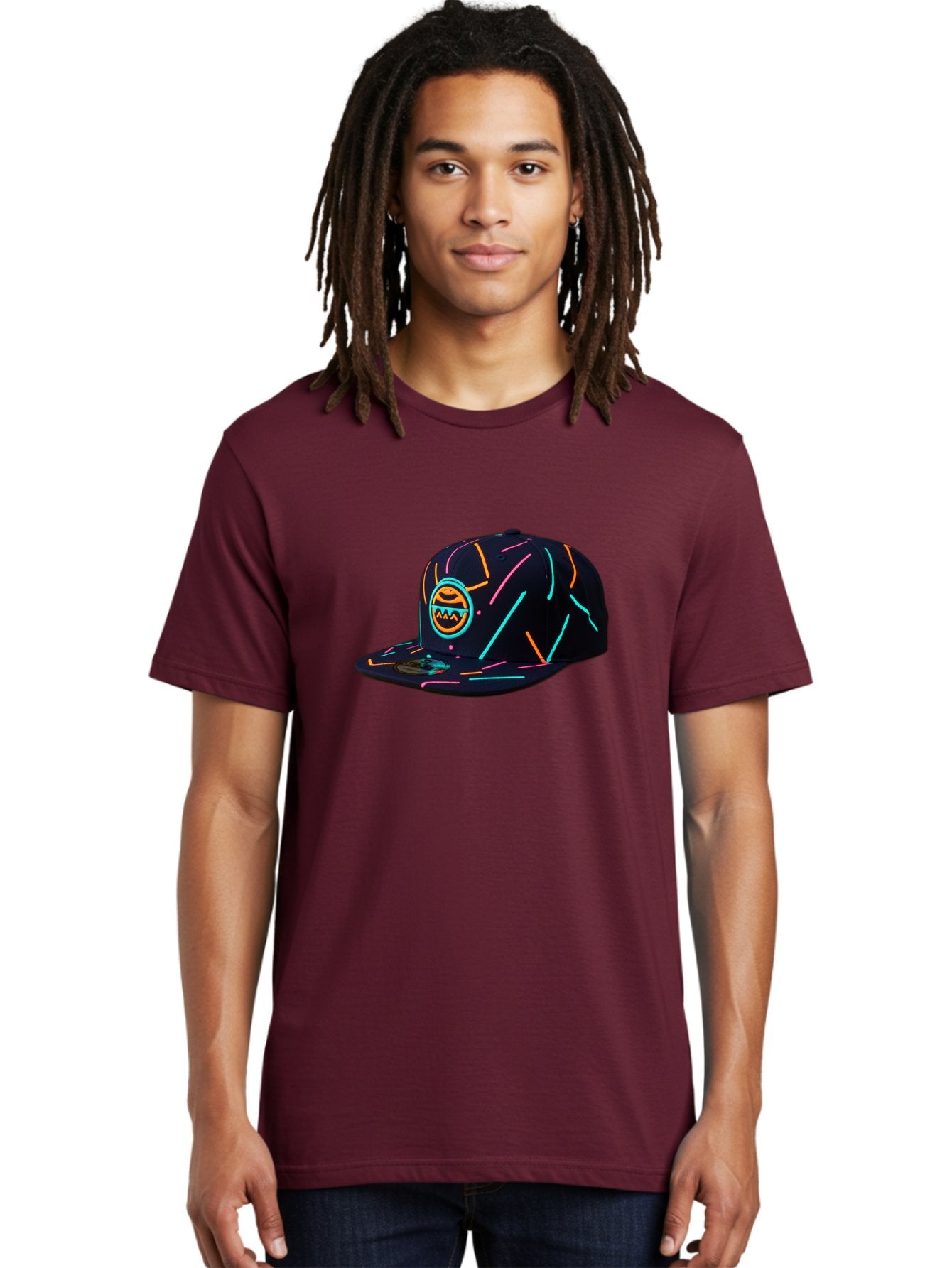 Pacman-Baseball-Cap Men'S Graphic Tee, 100% Cotton, Comfortable Casual Summer Wear, Machine Washable, Black Baseball Cap, Neon Lines, Neon Logo, Streetwear Fashion, Casual Style, Baseball Cap Design, Trendy Accessory, Neon Light, Orange, Blue, Bad390 25