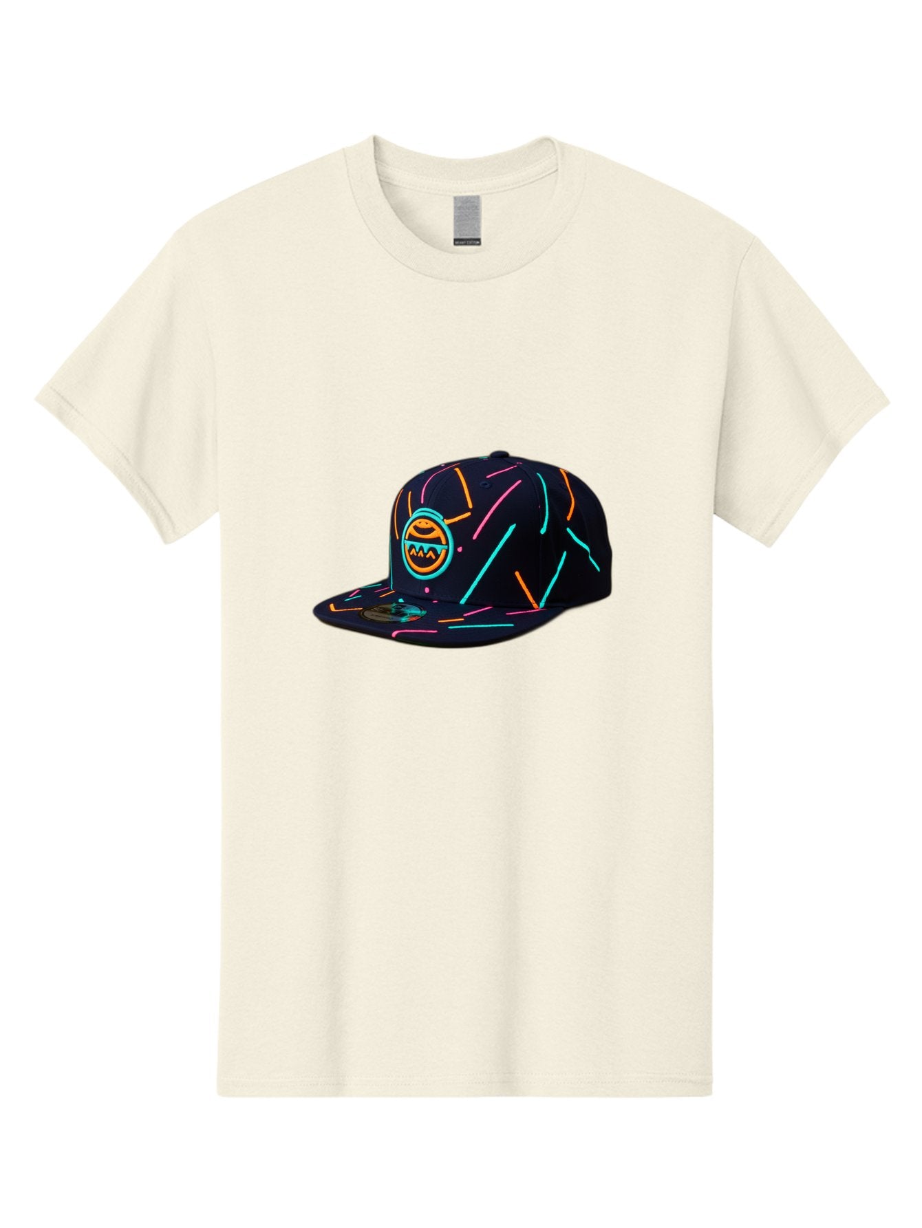 Pacman-Baseball-Cap Men'S Graphic Tee, 100% Cotton, Comfortable Casual Summer Wear, Machine Washable, Black Baseball Cap, Neon Lines, Neon Logo, Streetwear Fashion, Casual Style, Baseball Cap Design, Trendy Accessory, Neon Light, Orange, Blue, Bad390 3