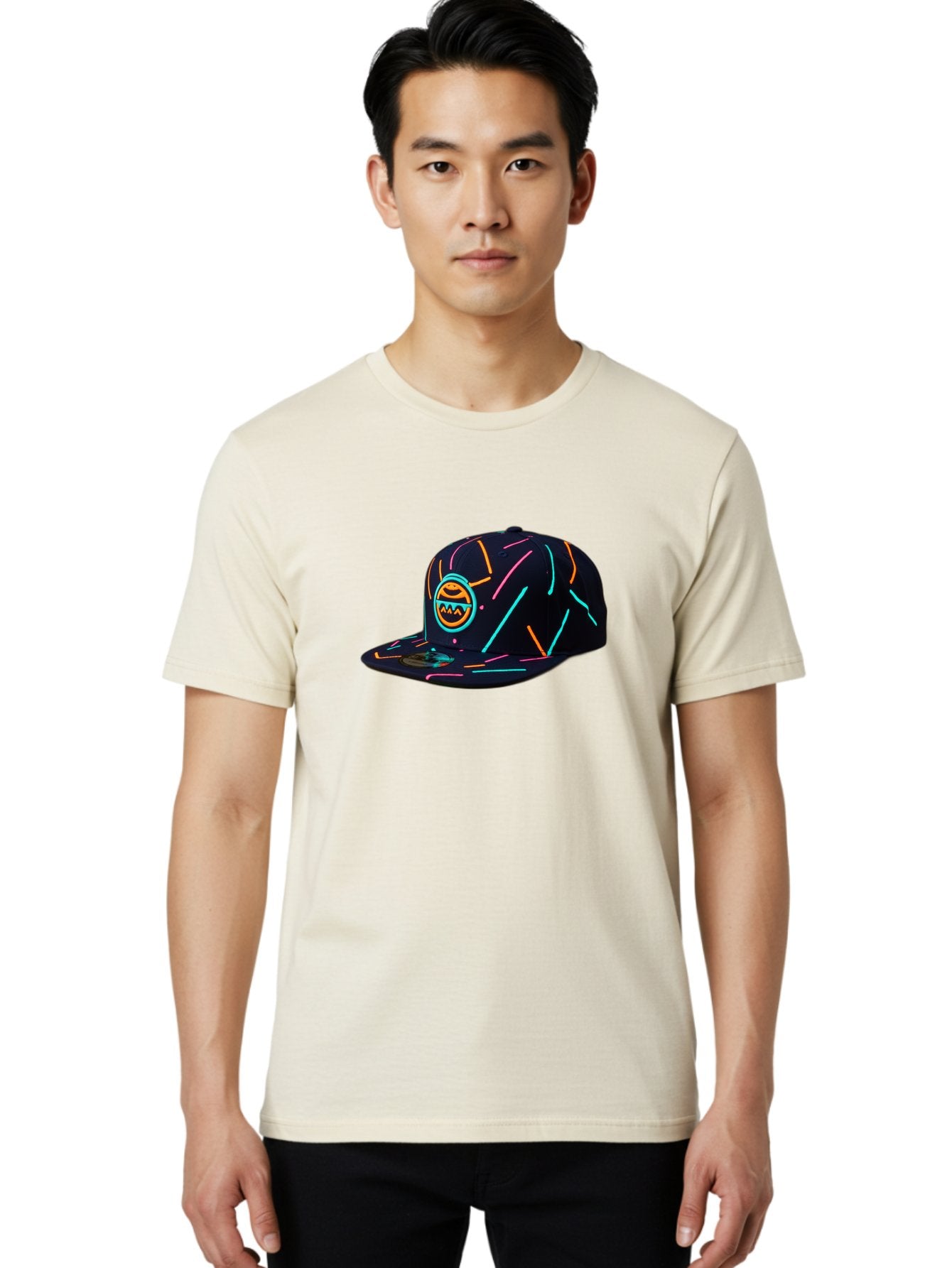 Pacman-Baseball-Cap Men'S Graphic Tee, 100% Cotton, Comfortable Casual Summer Wear, Machine Washable, Black Baseball Cap, Neon Lines, Neon Logo, Streetwear Fashion, Casual Style, Baseball Cap Design, Trendy Accessory, Neon Light, Orange, Blue, Bad390 22