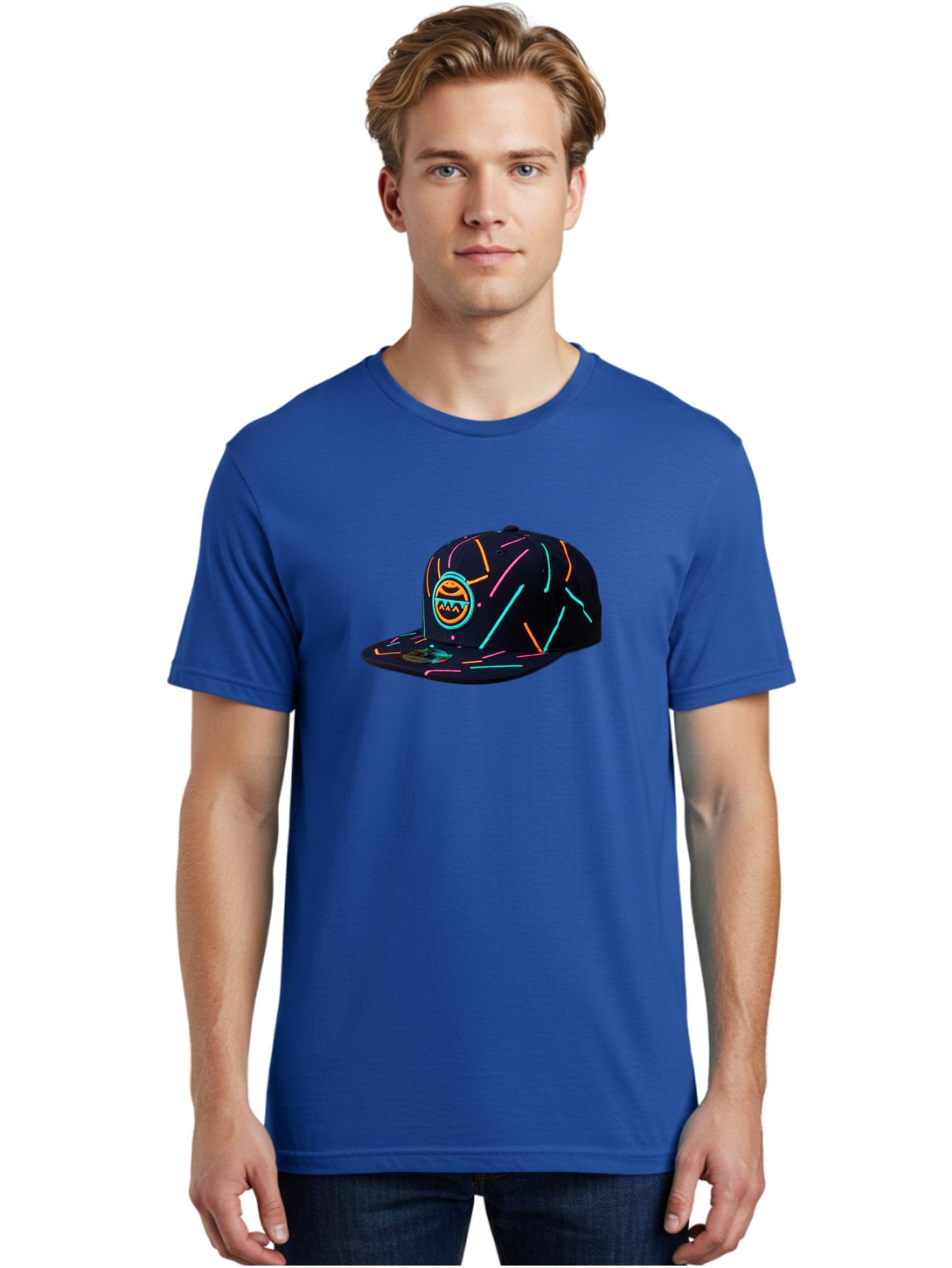 Pacman-Baseball-Cap Men'S Graphic Tee, 100% Cotton, Comfortable Casual Summer Wear, Machine Washable, Black Baseball Cap, Neon Lines, Neon Logo, Streetwear Fashion, Casual Style, Baseball Cap Design, Trendy Accessory, Neon Light, Orange, Blue, Bad390 24