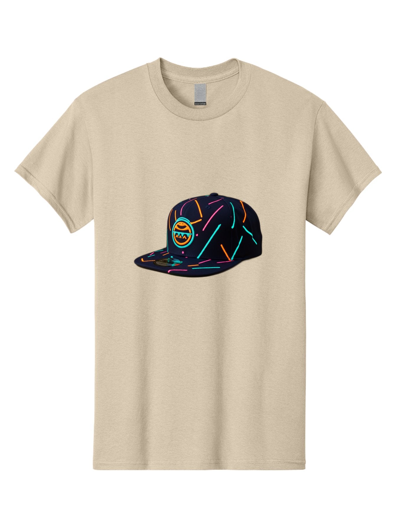Pacman-Baseball-Cap Men'S Graphic Tee, 100% Cotton, Comfortable Casual Summer Wear, Machine Washable, Black Baseball Cap, Neon Lines, Neon Logo, Streetwear Fashion, Casual Style, Baseball Cap Design, Trendy Accessory, Neon Light, Orange, Blue, Bad390 5