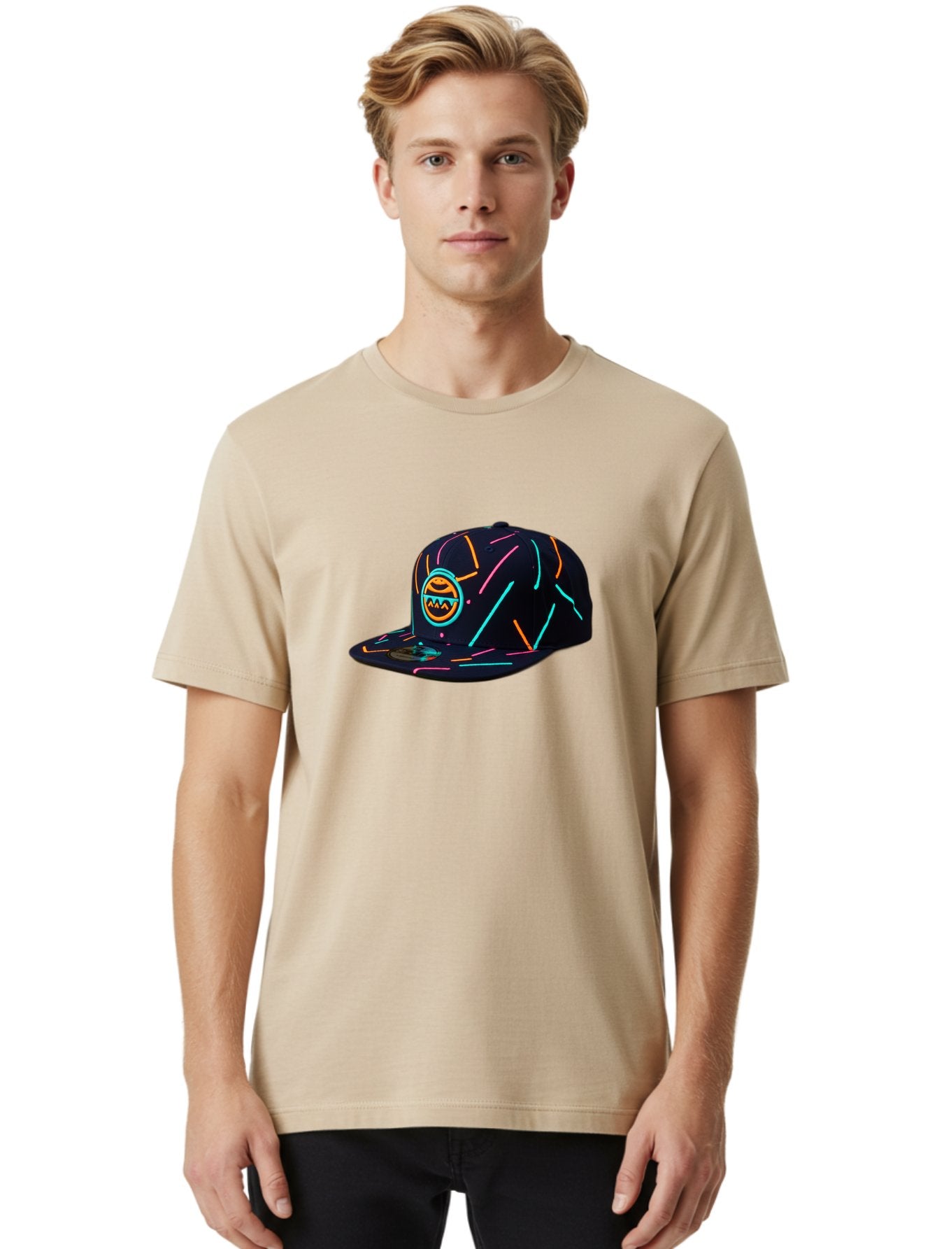 Pacman-Baseball-Cap Men'S Graphic Tee, 100% Cotton, Comfortable Casual Summer Wear, Machine Washable, Black Baseball Cap, Neon Lines, Neon Logo, Streetwear Fashion, Casual Style, Baseball Cap Design, Trendy Accessory, Neon Light, Orange, Blue, Bad390 23