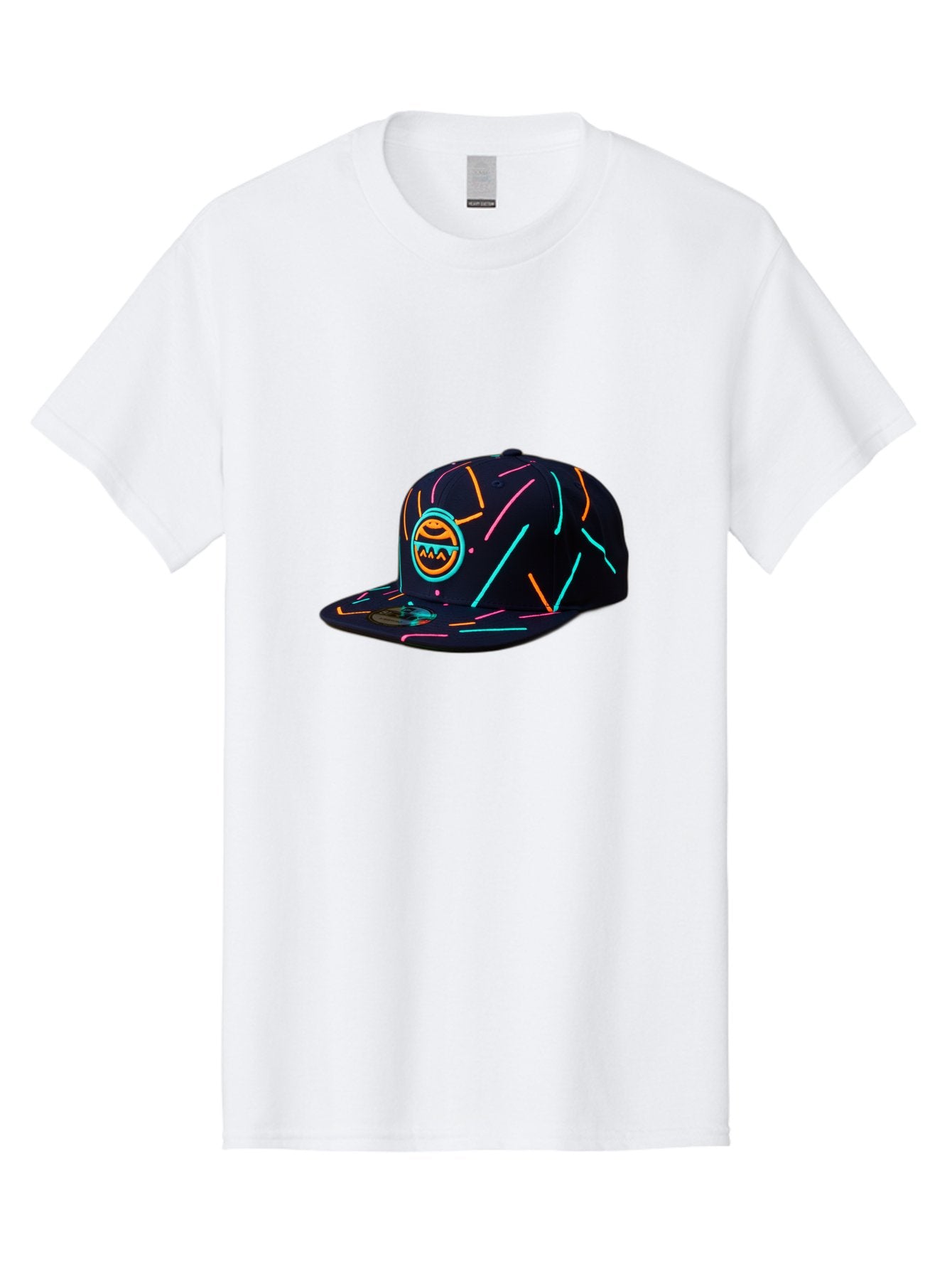 Pacman-Baseball-Cap Men'S Graphic Tee, 100% Cotton, Comfortable Casual Summer Wear, Machine Washable, Black Baseball Cap, Neon Lines, Neon Logo, Streetwear Fashion, Casual Style, Baseball Cap Design, Trendy Accessory, Neon Light, Orange, Blue, Bad390 9