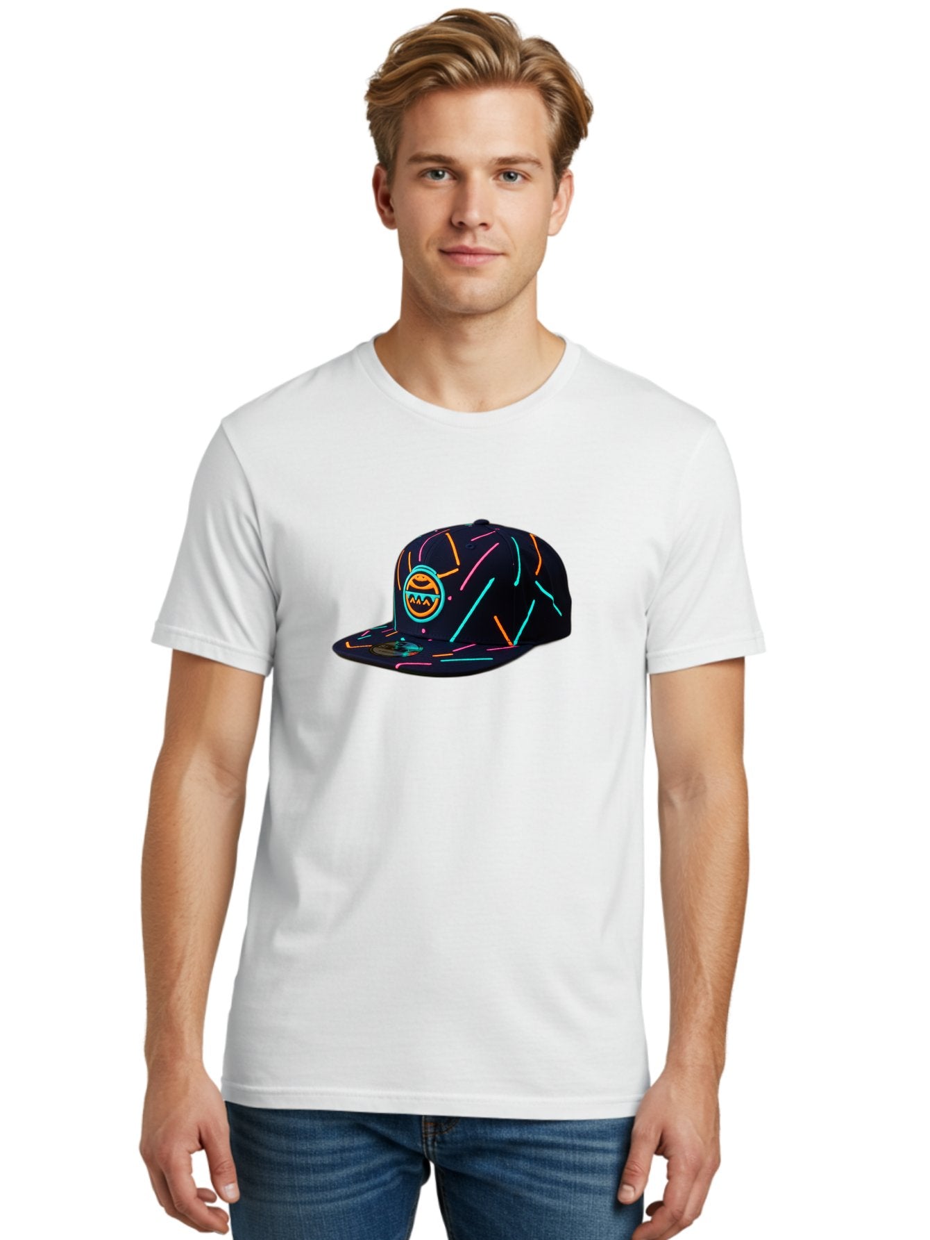 Pacman-Baseball-Cap Men'S Graphic Tee, 100% Cotton, Comfortable Casual Summer Wear, Machine Washable, Black Baseball Cap, Neon Lines, Neon Logo, Streetwear Fashion, Casual Style, Baseball Cap Design, Trendy Accessory, Neon Light, Orange, Blue, Bad390 26