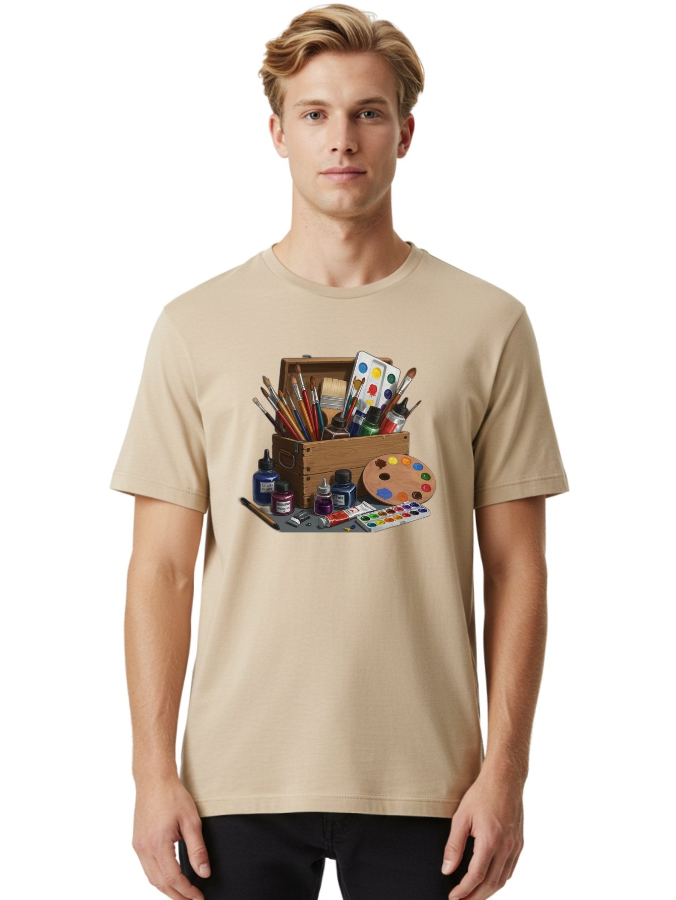 Paintbox Men'S Graphic Tee, 100% Cotton, Comfortable Casual Summer Wear, Machine Washable, Art Supplies, Paintbrushes, Paint Bottles, Palette, Artistic Creativity, Colorful Paints, Painting Tools, Artistic Expression, Art Materials, Bad396 29