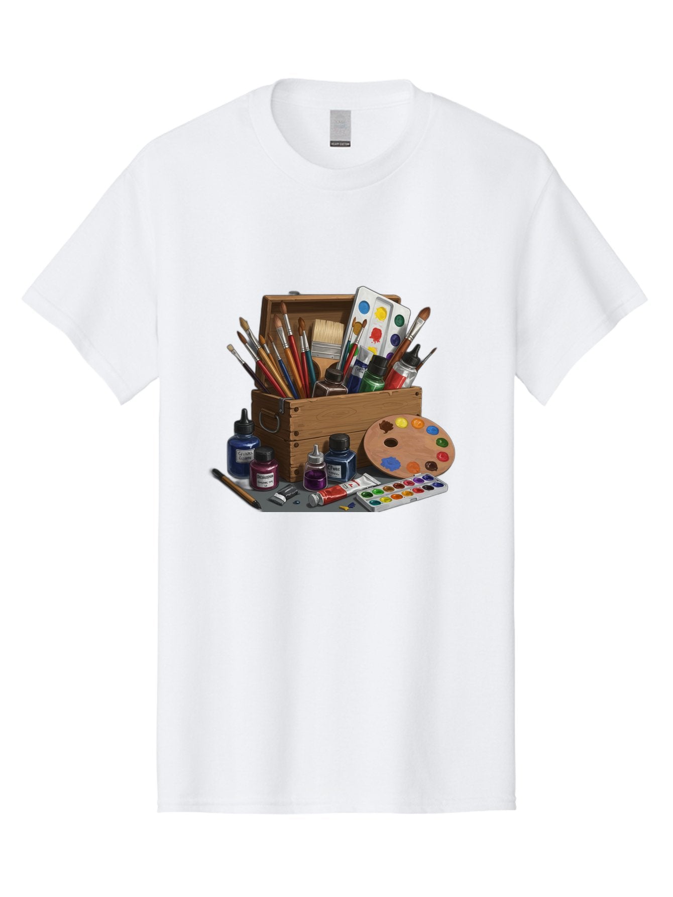 Paintbox Men'S Graphic Tee, 100% Cotton, Comfortable Casual Summer Wear, Machine Washable, Art Supplies, Paintbrushes, Paint Bottles, Palette, Artistic Creativity, Colorful Paints, Painting Tools, Artistic Expression, Art Materials, Bad396