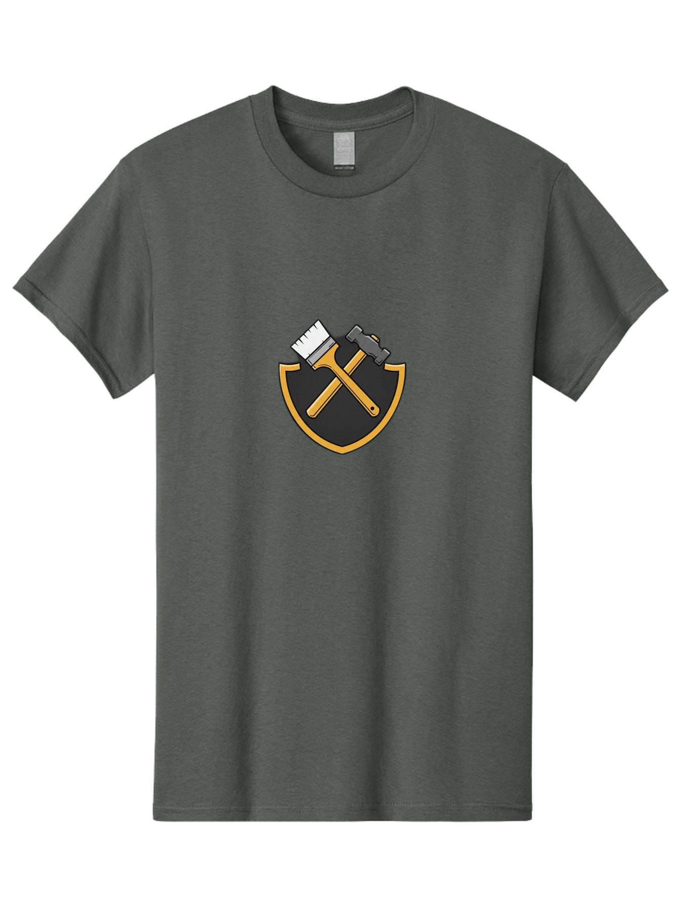 Paintbrush-And-Hammer-Shield Men'S Graphic Tee, 100% Cotton, Comfortable Casual Summer Wear, Machine Washable, Paintbrush, Hammer, Shield Logo, Crossed Tools, Diy Symbol, Home Renovation, Construction Emblem, Repair Icon, Maintenance Logo Bad397