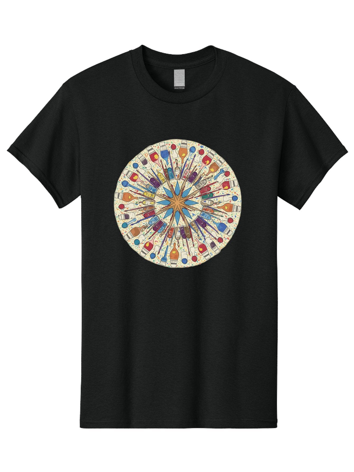 Paints-And-Brushes Men'S Graphic Tee, 100% Cotton, Comfortable Casual Summer Wear, Machine Washable, Mandala Art, Paint Bottles, Paint Brushes, Artistic Creativity, Vibrant Colors, Artistic Expression, Creative Design, Art Supplies, Bad398 9