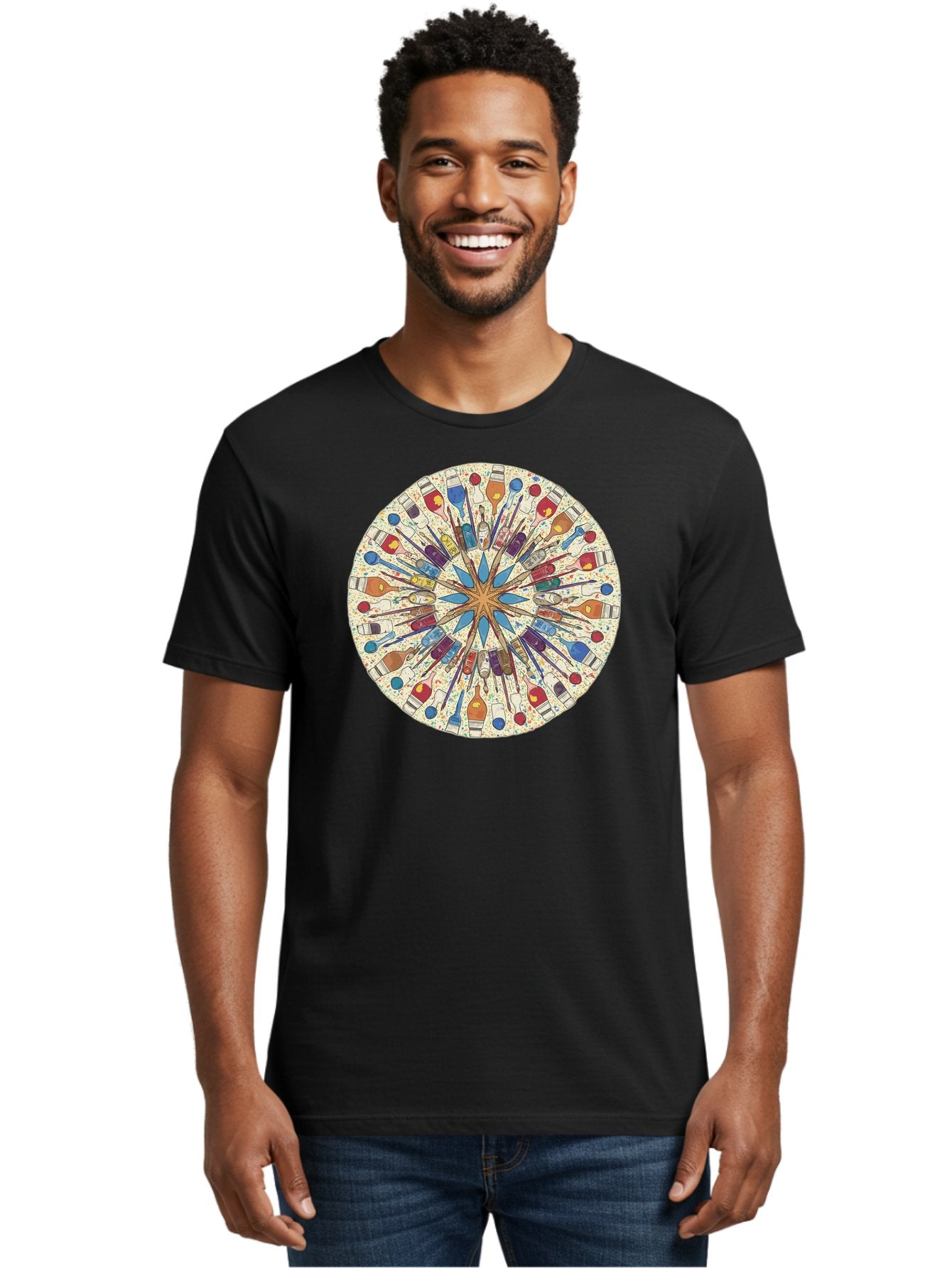 Paints-And-Brushes Men'S Graphic Tee, 100% Cotton, Comfortable Casual Summer Wear, Machine Washable, Mandala Art, Paint Bottles, Paint Brushes, Artistic Creativity, Vibrant Colors, Artistic Expression, Creative Design, Art Supplies, Bad398 26