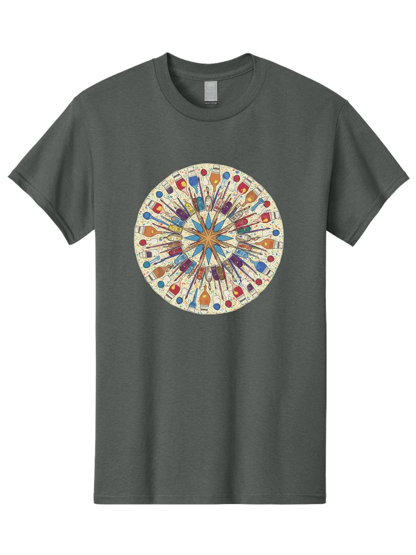 Paints-And-Brushes Men'S Graphic Tee, 100% Cotton, Comfortable Casual Summer Wear, Machine Washable, Mandala Art, Paint Bottles, Paint Brushes, Artistic Creativity, Vibrant Colors, Artistic Expression, Creative Design, Art Supplies, Bad398 10