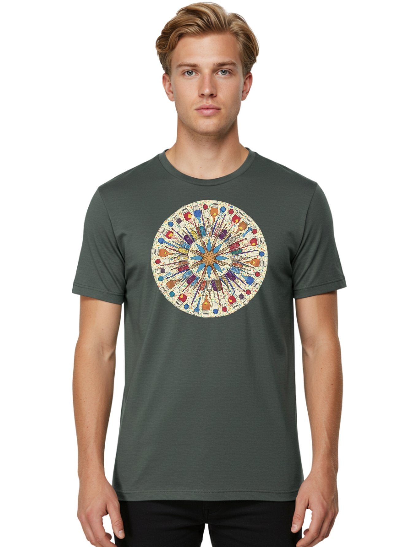Paints-And-Brushes Men'S Graphic Tee, 100% Cotton, Comfortable Casual Summer Wear, Machine Washable, Mandala Art, Paint Bottles, Paint Brushes, Artistic Creativity, Vibrant Colors, Artistic Expression, Creative Design, Art Supplies, Bad398 17