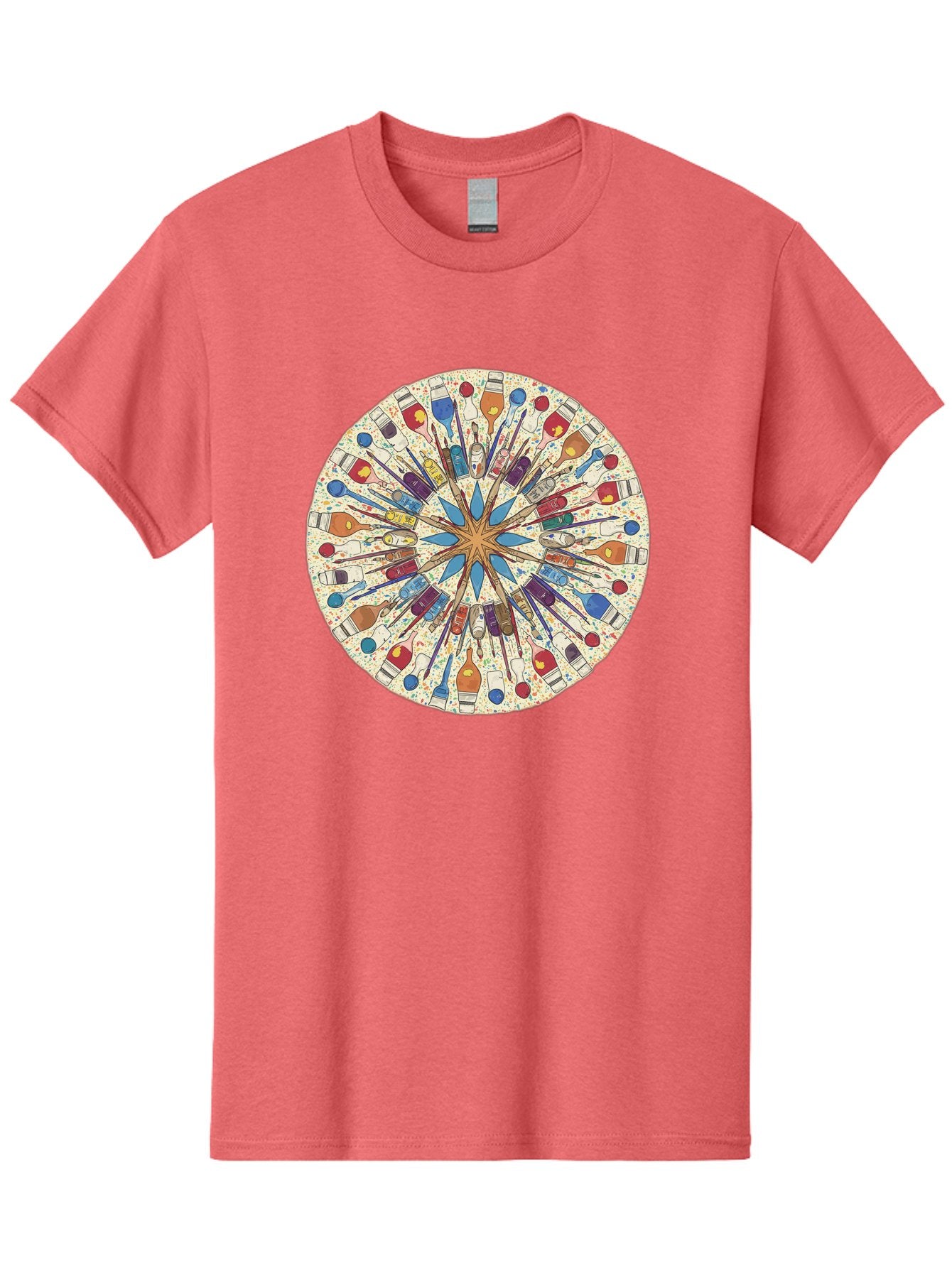 Paints-And-Brushes Men'S Graphic Tee, 100% Cotton, Comfortable Casual Summer Wear, Machine Washable, Mandala Art, Paint Bottles, Paint Brushes, Artistic Creativity, Vibrant Colors, Artistic Expression, Creative Design, Art Supplies, Bad398 14