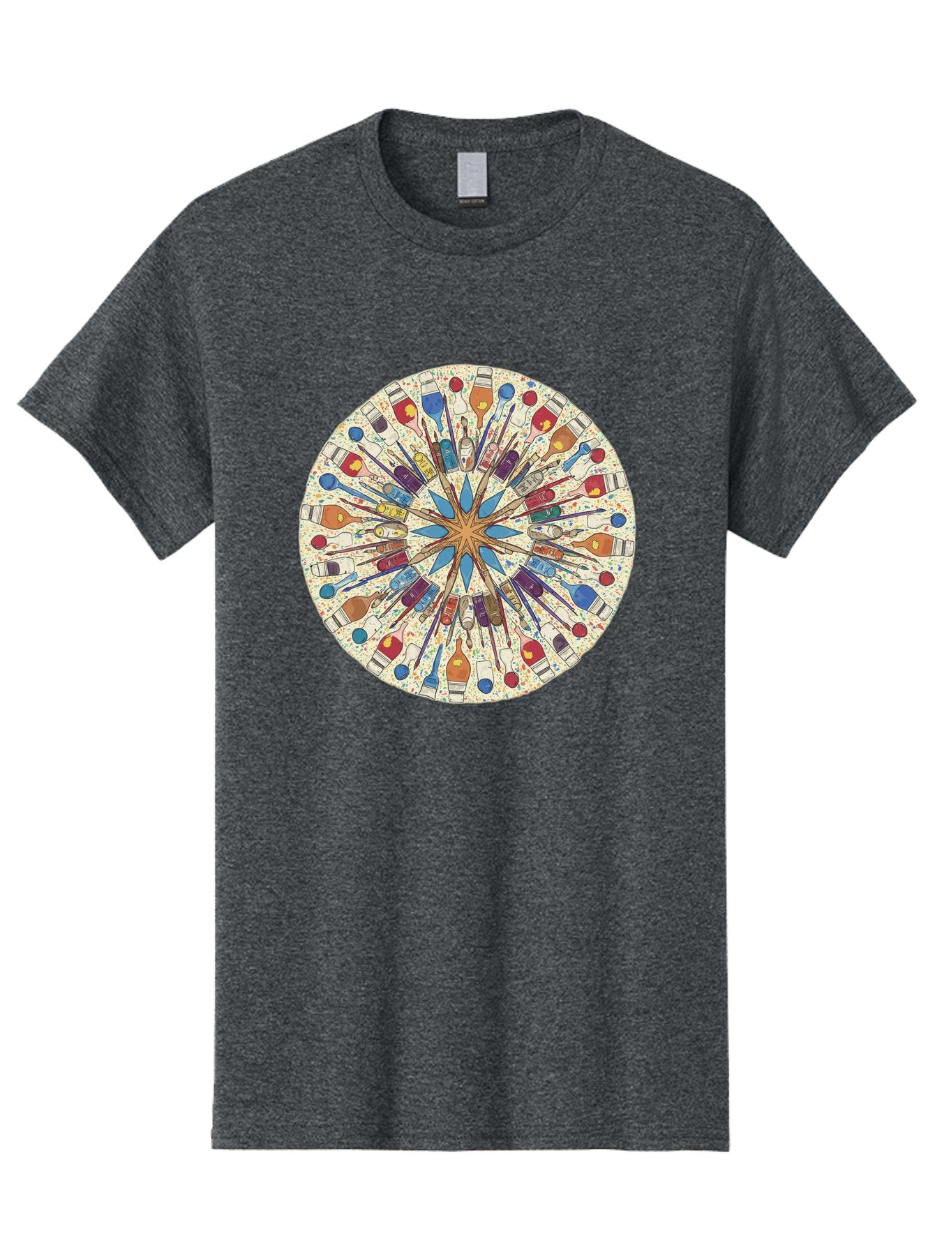 Paints-And-Brushes Men'S Graphic Tee, 100% Cotton, Comfortable Casual Summer Wear, Machine Washable, Mandala Art, Paint Bottles, Paint Brushes, Artistic Creativity, Vibrant Colors, Artistic Expression, Creative Design, Art Supplies, Bad398 8